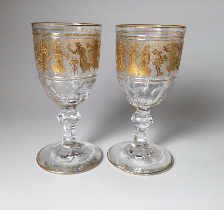 Set of 12 Val St Lambert Tall Gilt Water / Wine Glasses With Roman