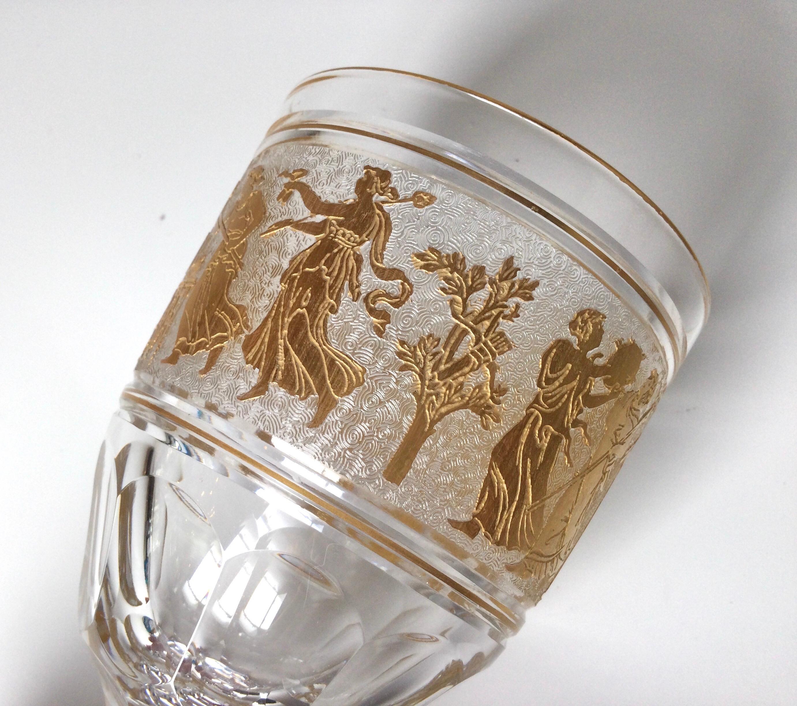Neoclassical Set of 12 Val St Lambert Tall Gilt Water / Wine Glasses With Roman Figures, Gilt