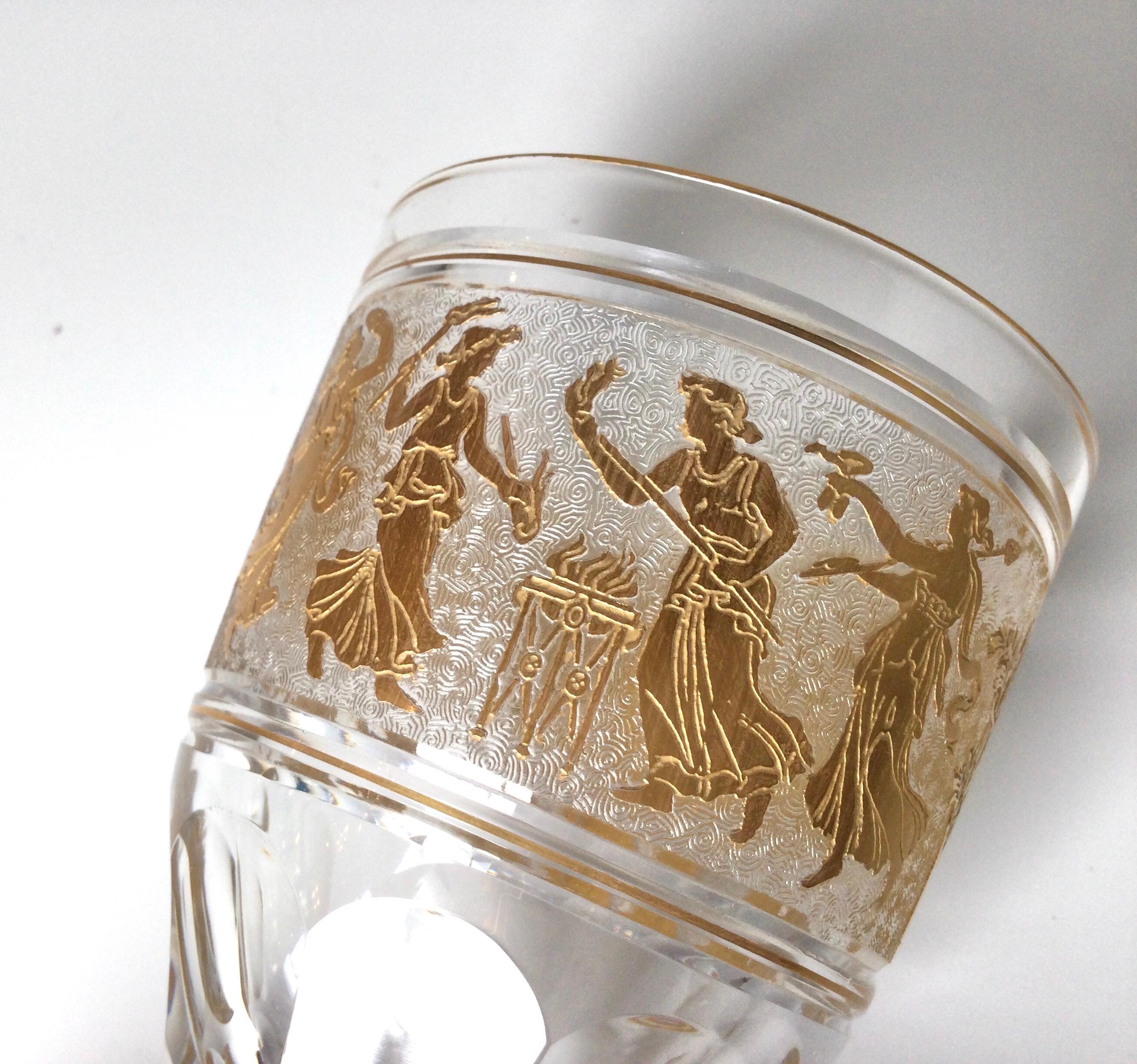 Belgian Set of 12 Val St Lambert Tall Gilt Water / Wine Glasses With Roman Figures, Gilt