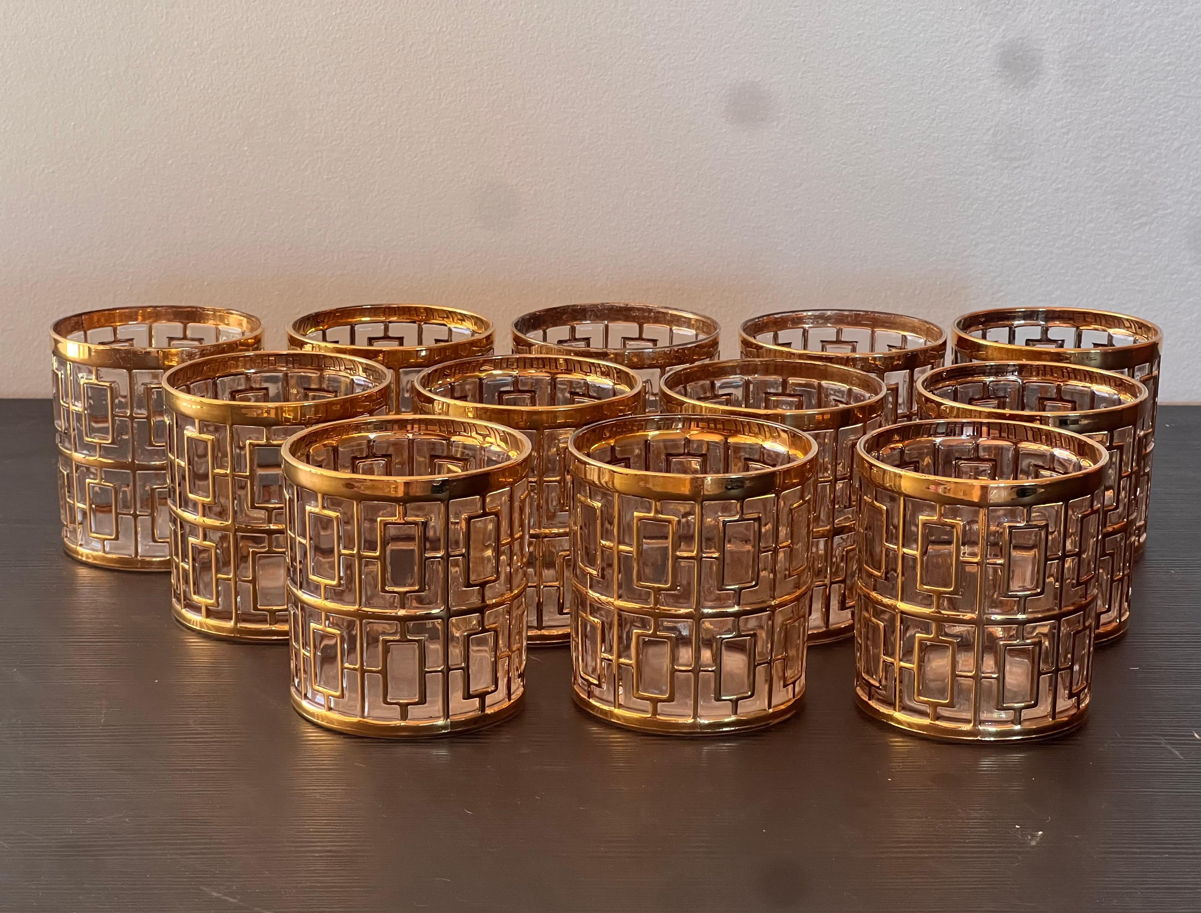 Set von 12 Shoji-Cocktailgläsern aus kaiserlichem Glas mit goldenem Käfig aus Shoji-Gold, um 1975 im Angebot 2