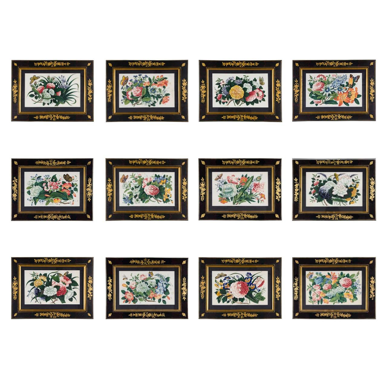 Set of 12 Watercolors on Rice Pith Paper with Flowers Butterflies Chinese For Sale