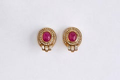 Set of 14 Karat Gold, Ruby and Diamonds Pendant with Chain and Earrings