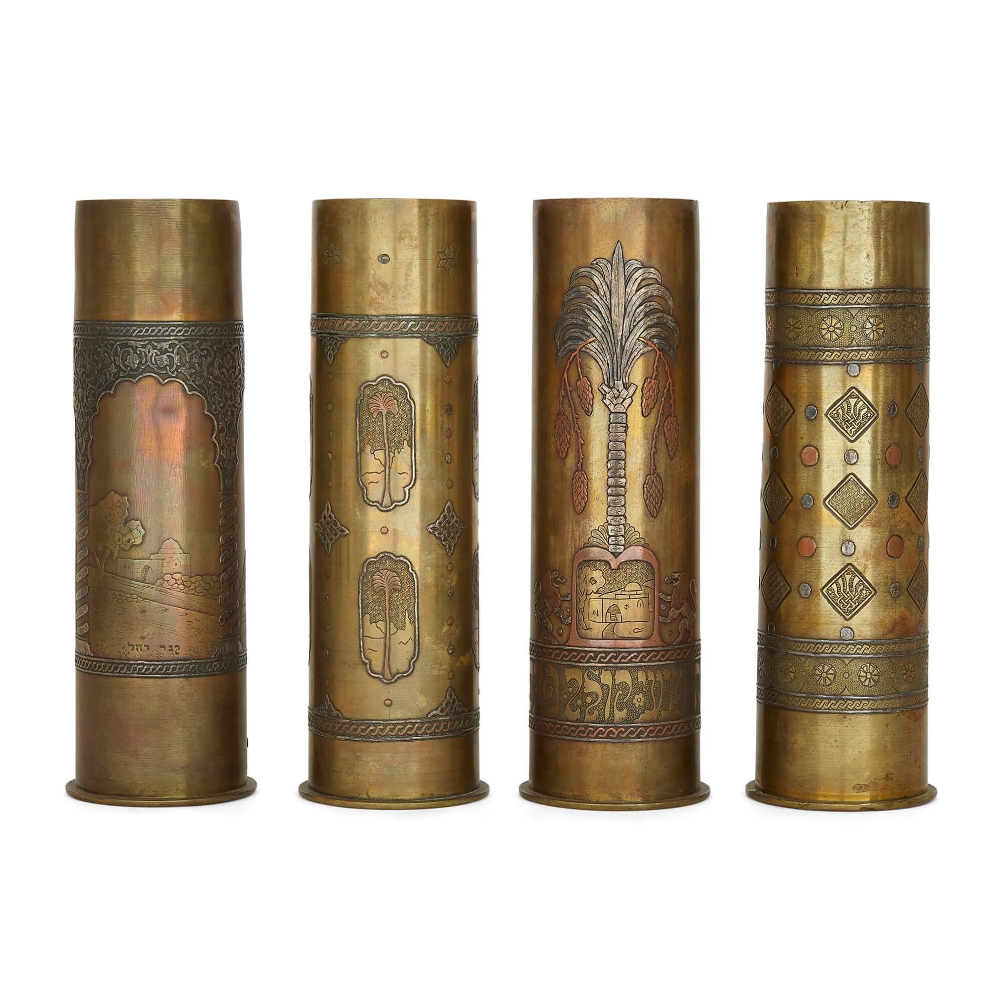 Modern Set of 15 Bezalel Academy Judaica Silver and Brass Decorated WWI Shell Cases For Sale