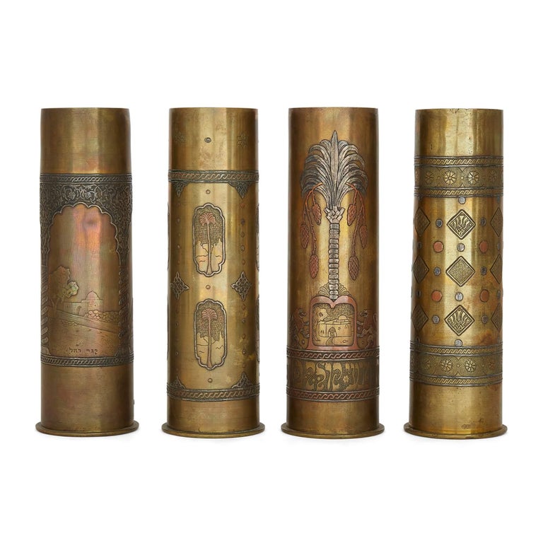 Set of 15 Bezalel Academy Judaica Silver and Brass Decorated WWI Shell  Cases For Sale at 1stDibs