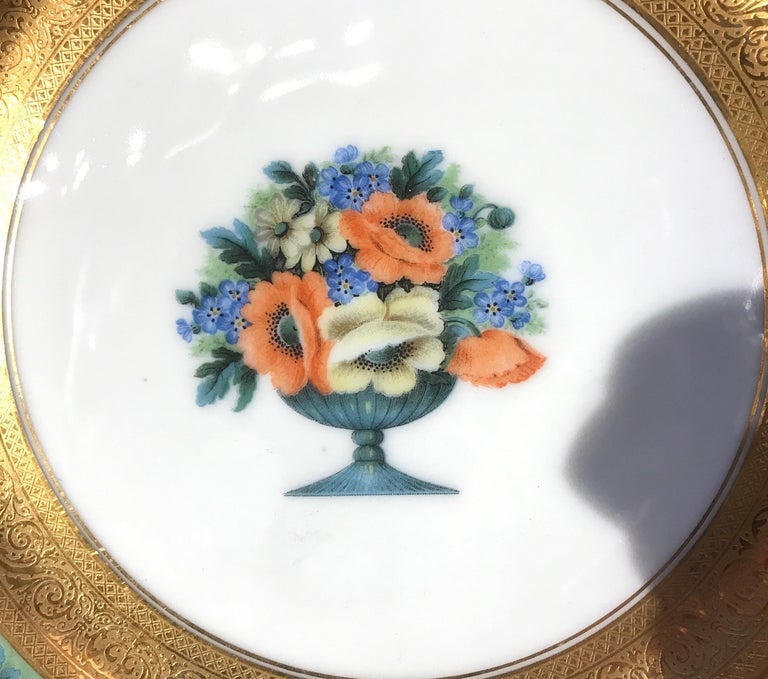 German Set of 15 Floral and Gilt Service Dinner Plates For Sale