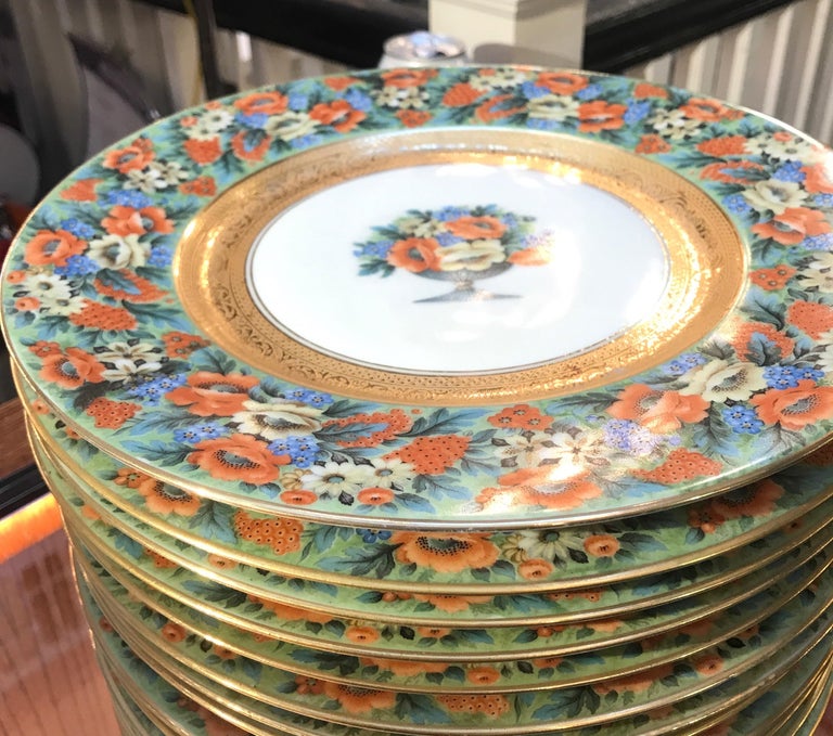 Mid-20th Century Set of 15 Floral and Gilt Service Dinner Plates For Sale
