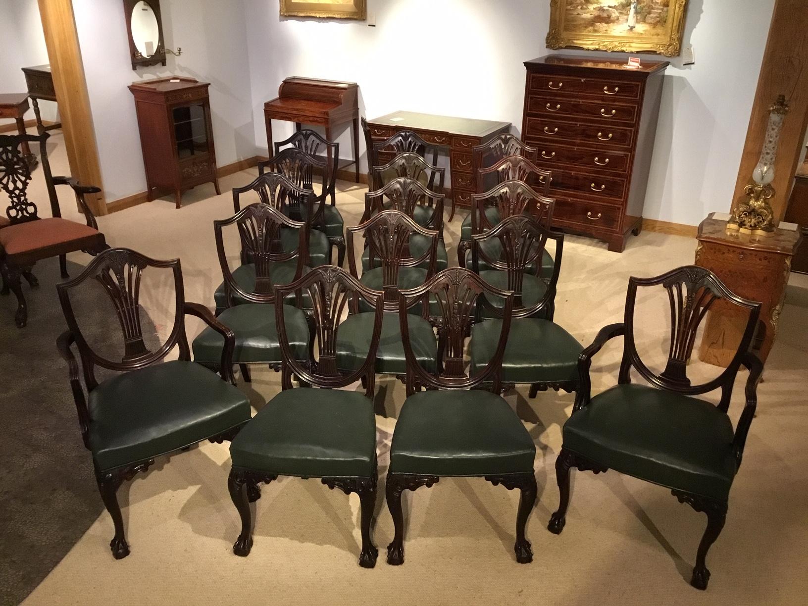 A set of 16 Hepplewhite style antique dining chairs including two open arm carver armchairs. Each chair having a shield shaped back with Classic Hepplewhite pierced splat with carved wheat sheaf detail. Supported on acanthus leaf carved cabriole
