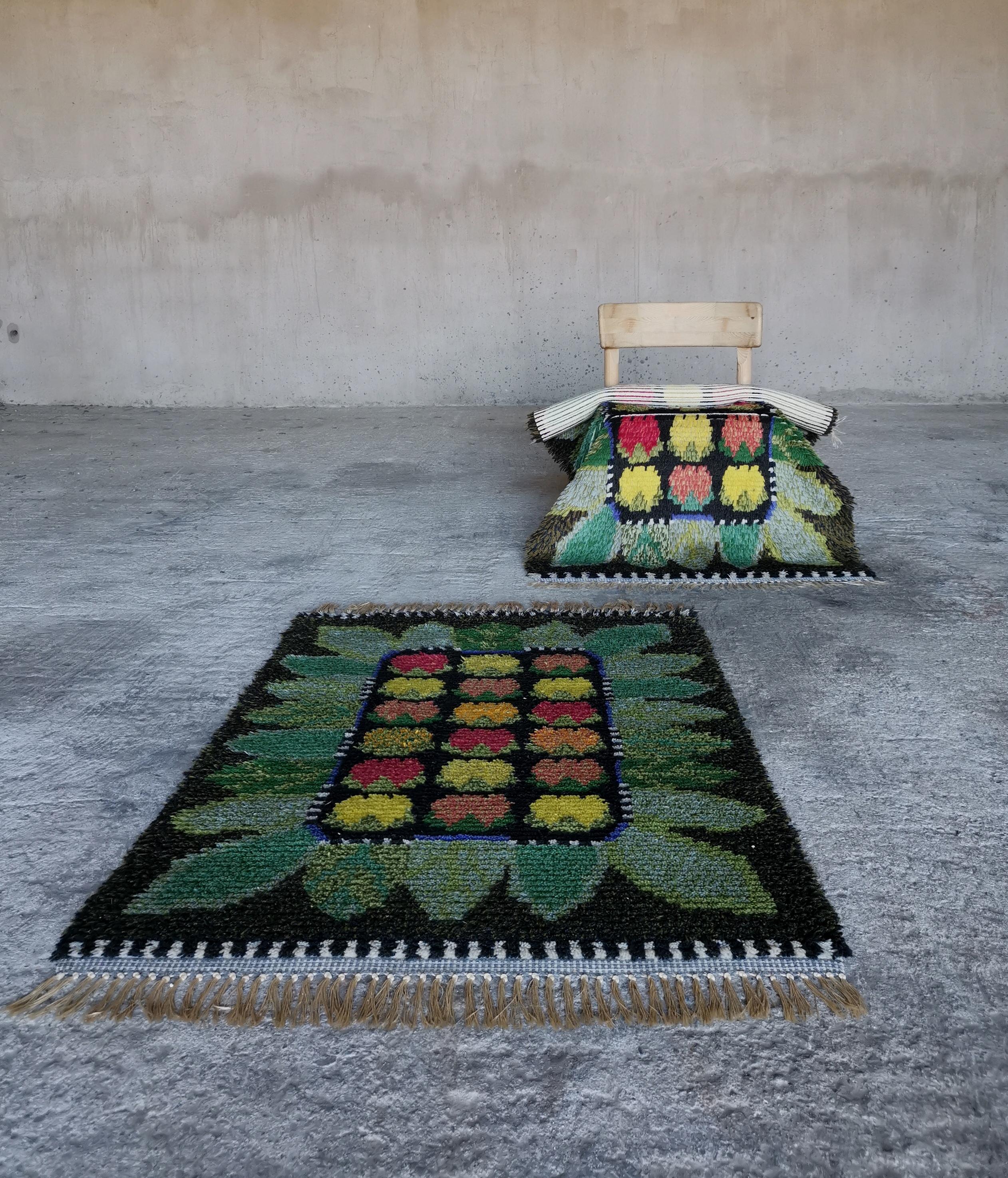 Scandinavian Modern A set of 1950s Swedish Rya Wool Rugs Pure wool in MINT condition, colors intact For Sale
