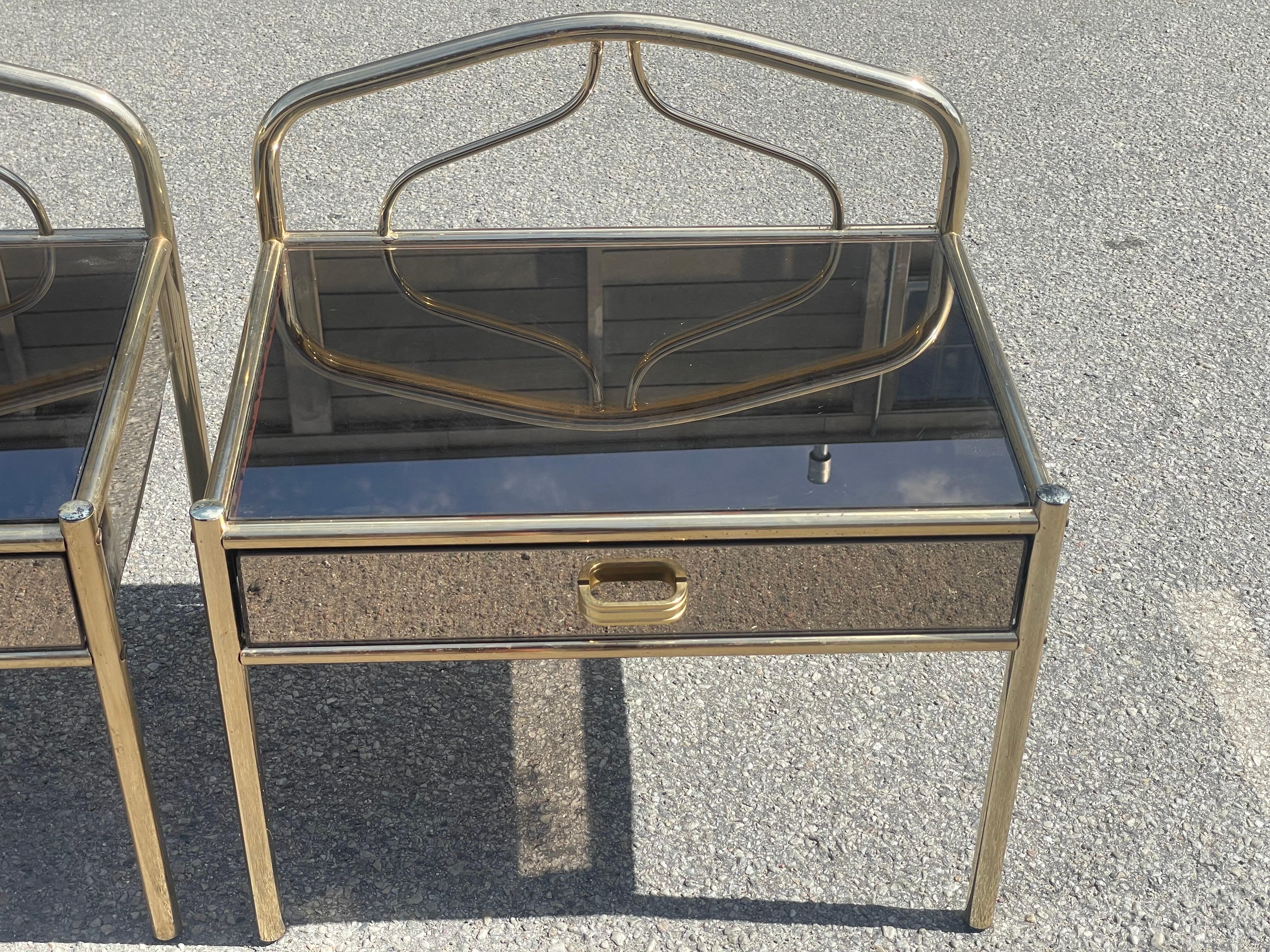 Danish A set of 1970´s brass-plated chrome nightstands with glass mirror effect For Sale