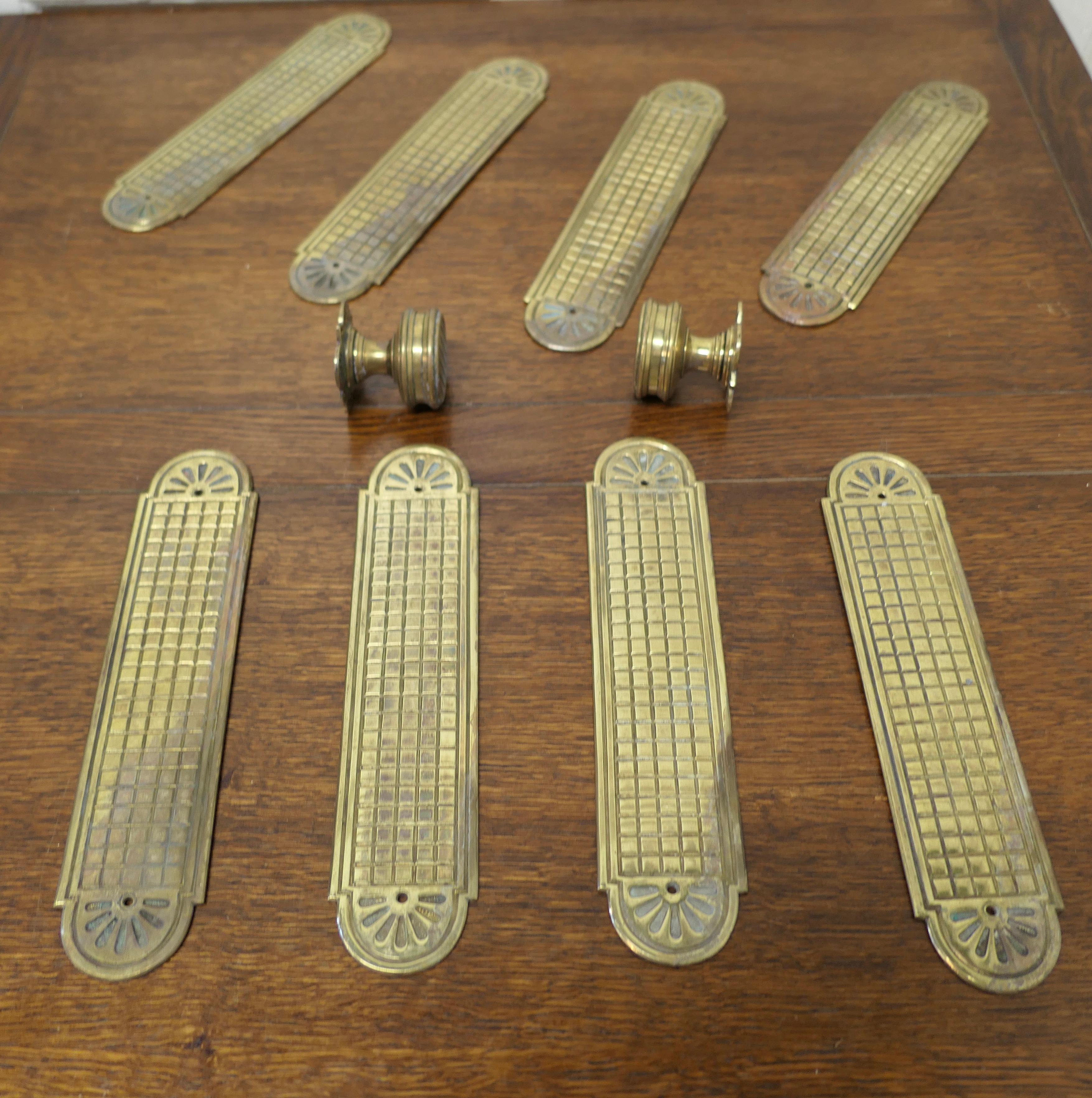 Set of 19th Century Arts and Crafts Brass Door Finger Plates and Knobs For Sale 1