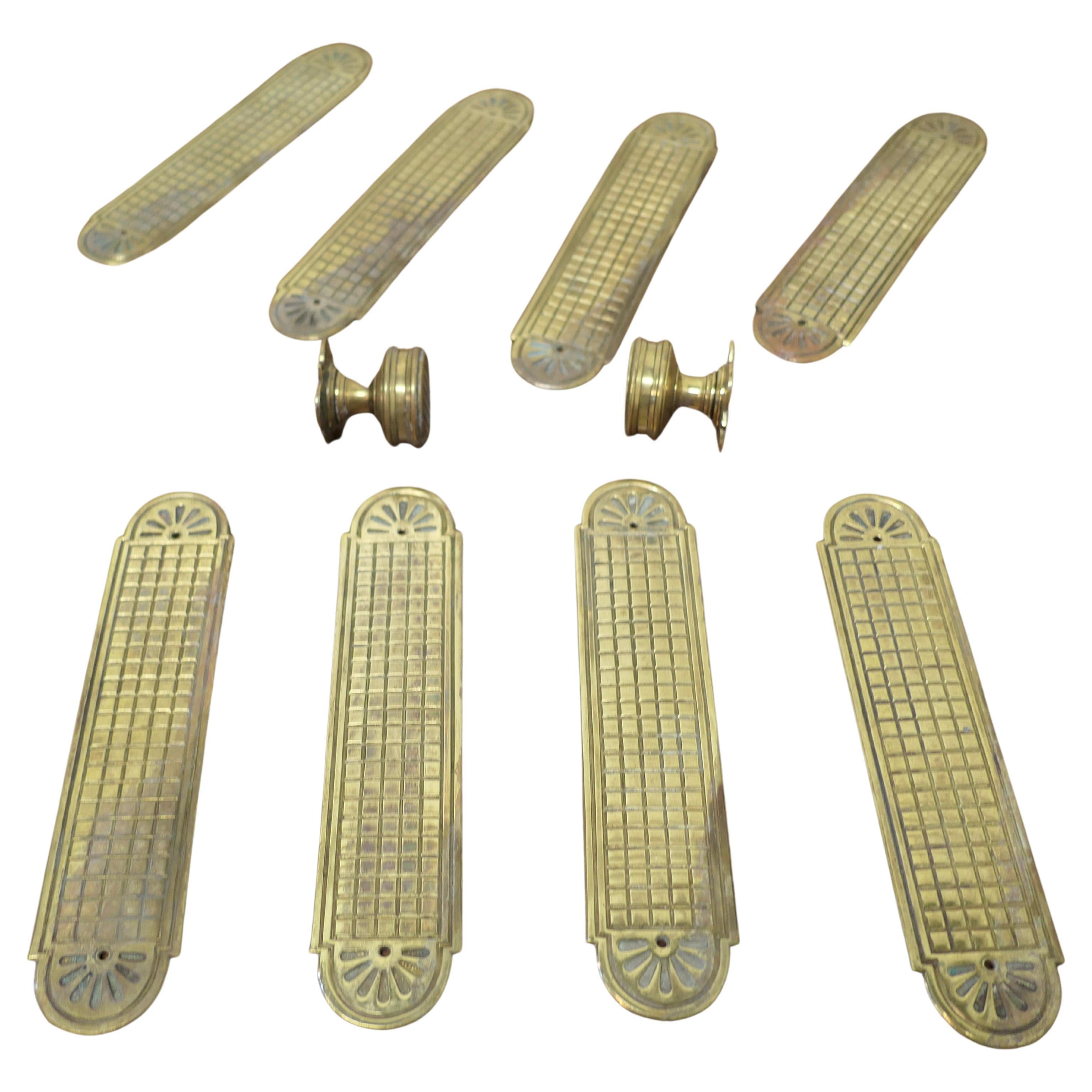 Set of 19th Century Arts and Crafts Brass Door Finger Plates and Knobs For Sale