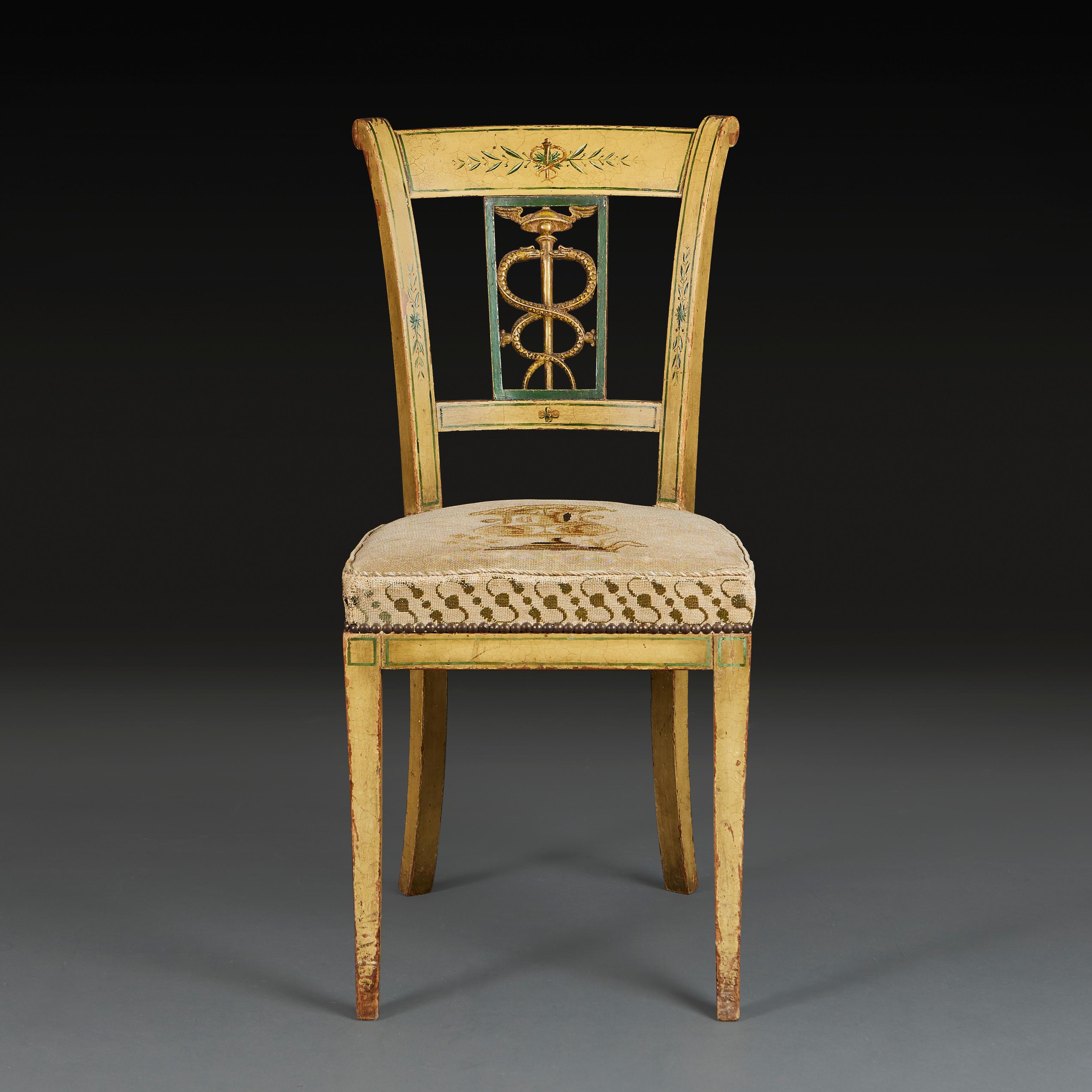 Needlework A Set of 19th Century North Italian Painted Chairs For Sale