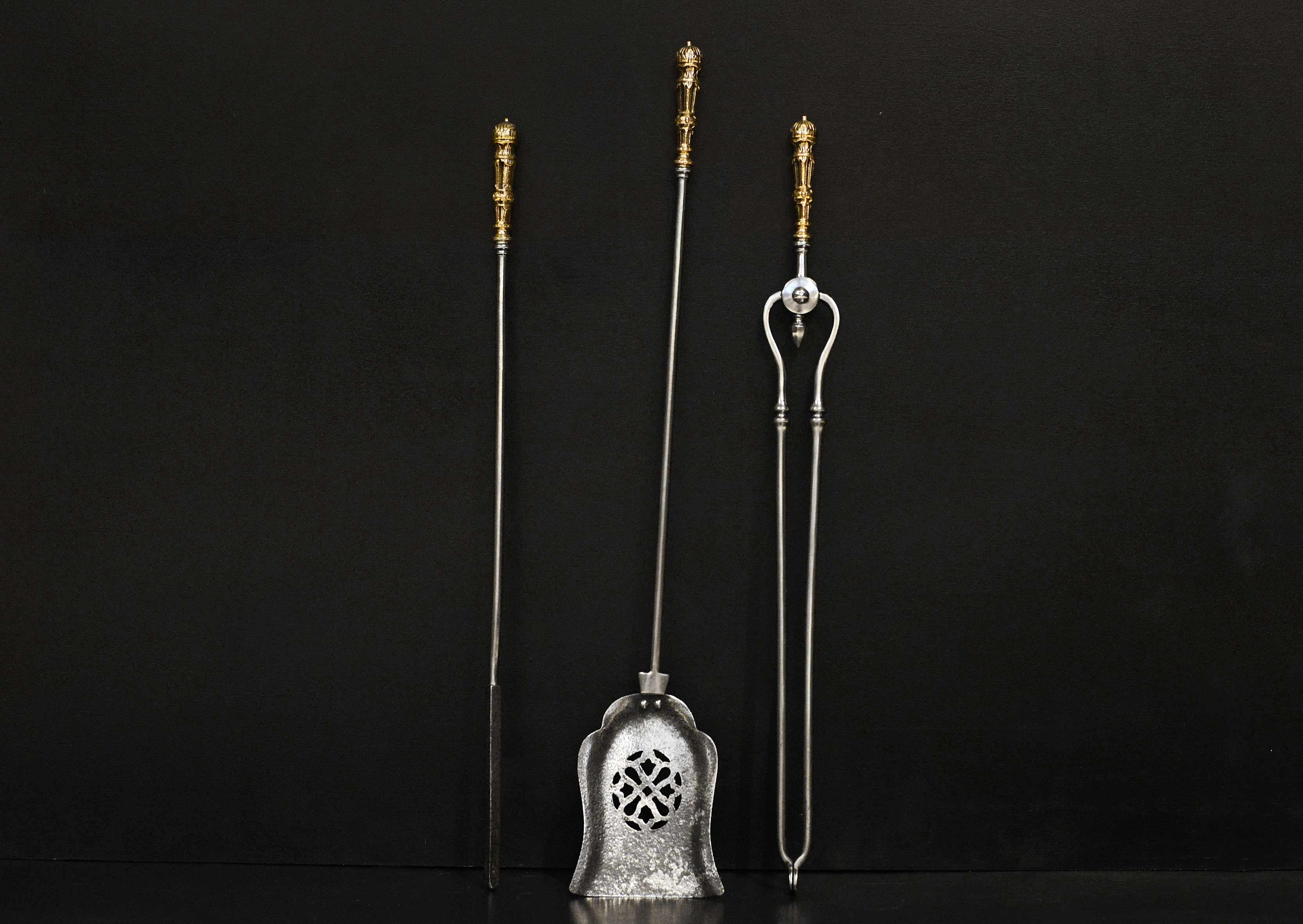 Set of 19th Century Steel & Brass Firetools For Sale 1