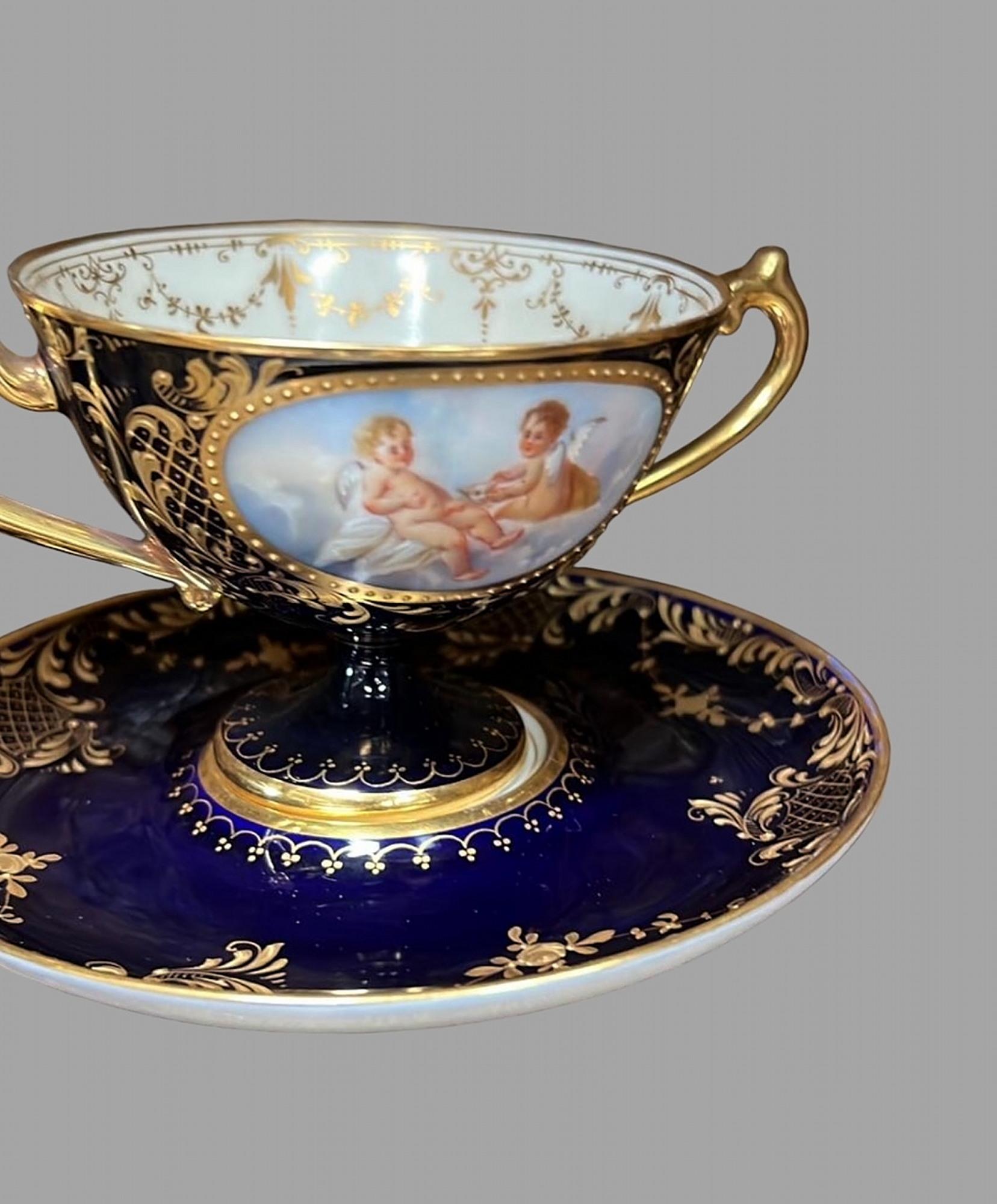 A set of 19thc Dresden Porcelain Double Handled Cup and Saucers 6