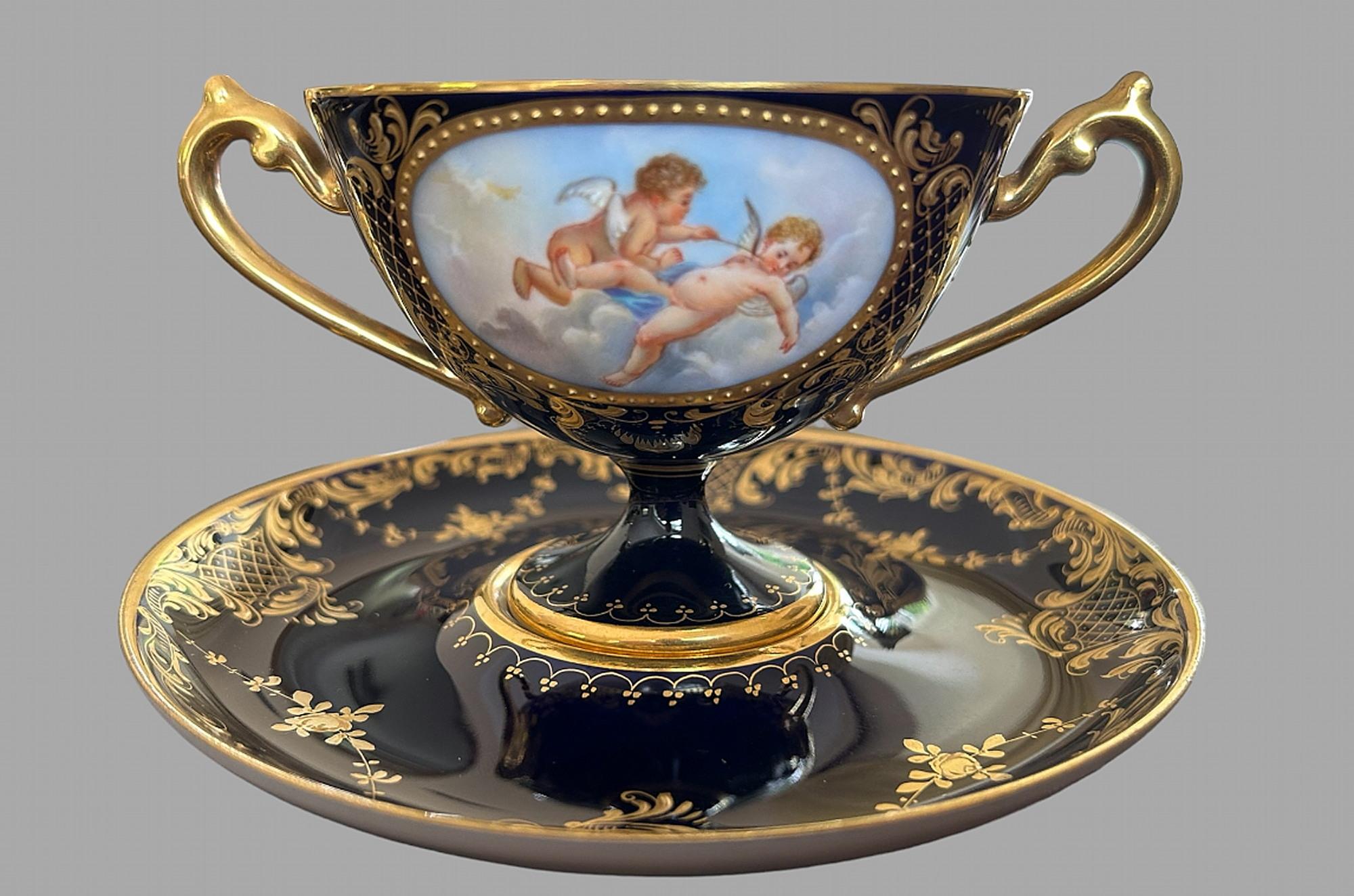 Victorian A set of 19thc Dresden Porcelain Double Handled Cup and Saucers