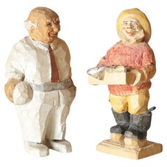 Carving Wooden Sculptures A Set Of 2 Antique Decorative Figurine of Man & Woman
