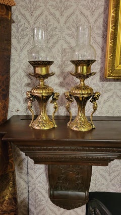 A Set of (2) Vintage Unwired Brass Lamps with Glass Chimneys - 13" High