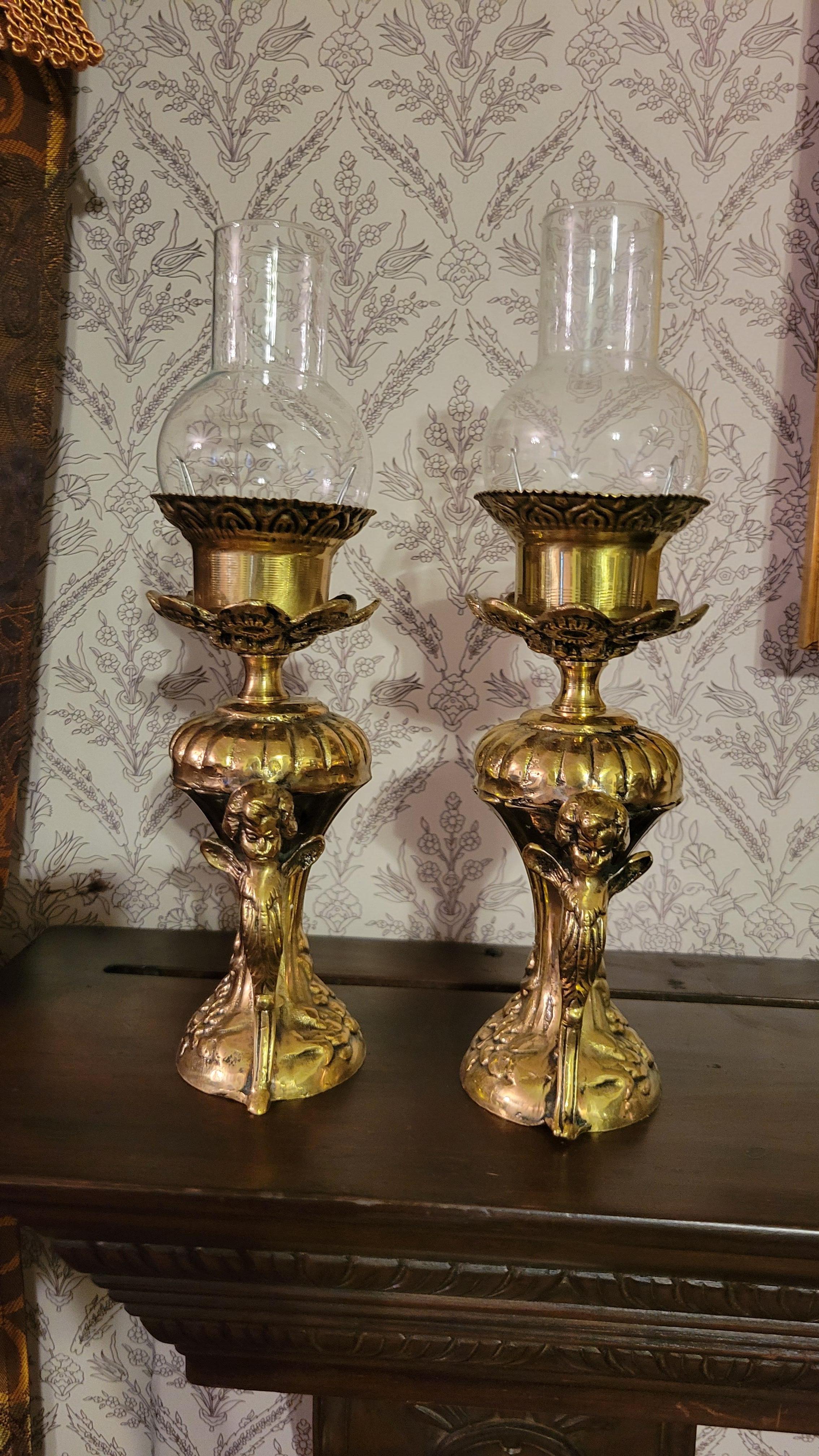 A Set of (2) Antique Style Unwired Brass Lamps with Glass Chimneys - 13