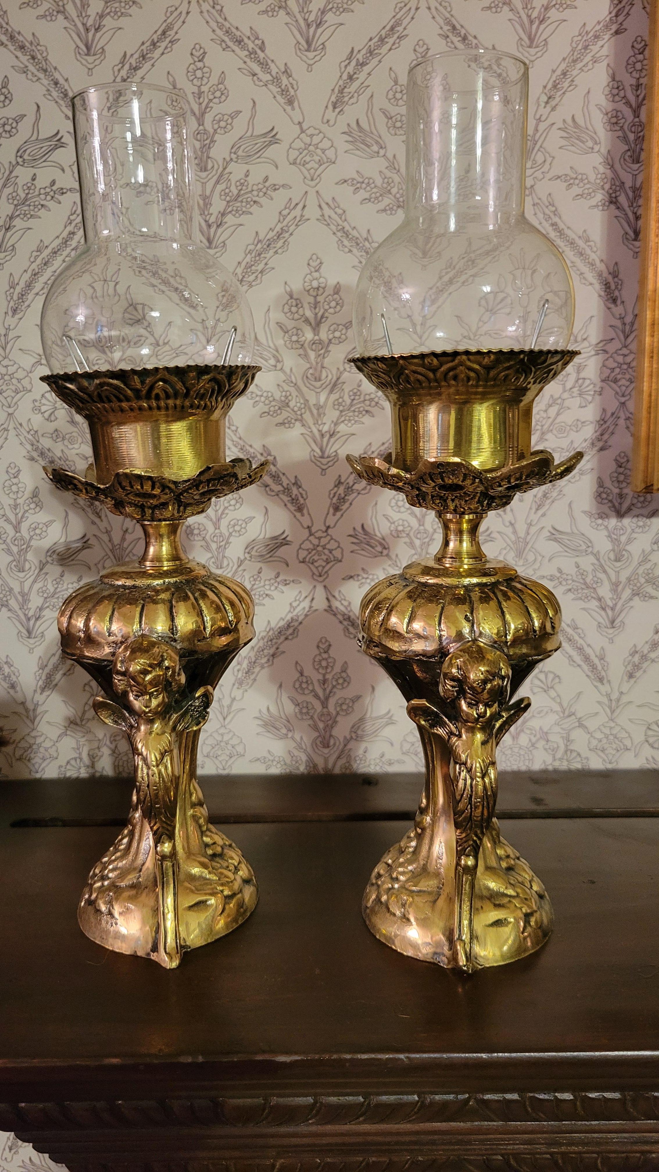 20th Century A Set of (2) Antique Style Unwired Brass Lamps with Glass Chimneys - 13