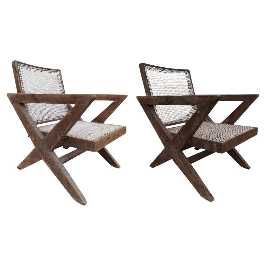 A set of 2 authentic Pierre Jeanneret  X-Leg Chairs PJ-SI-45-A, India, 1950s For Sale