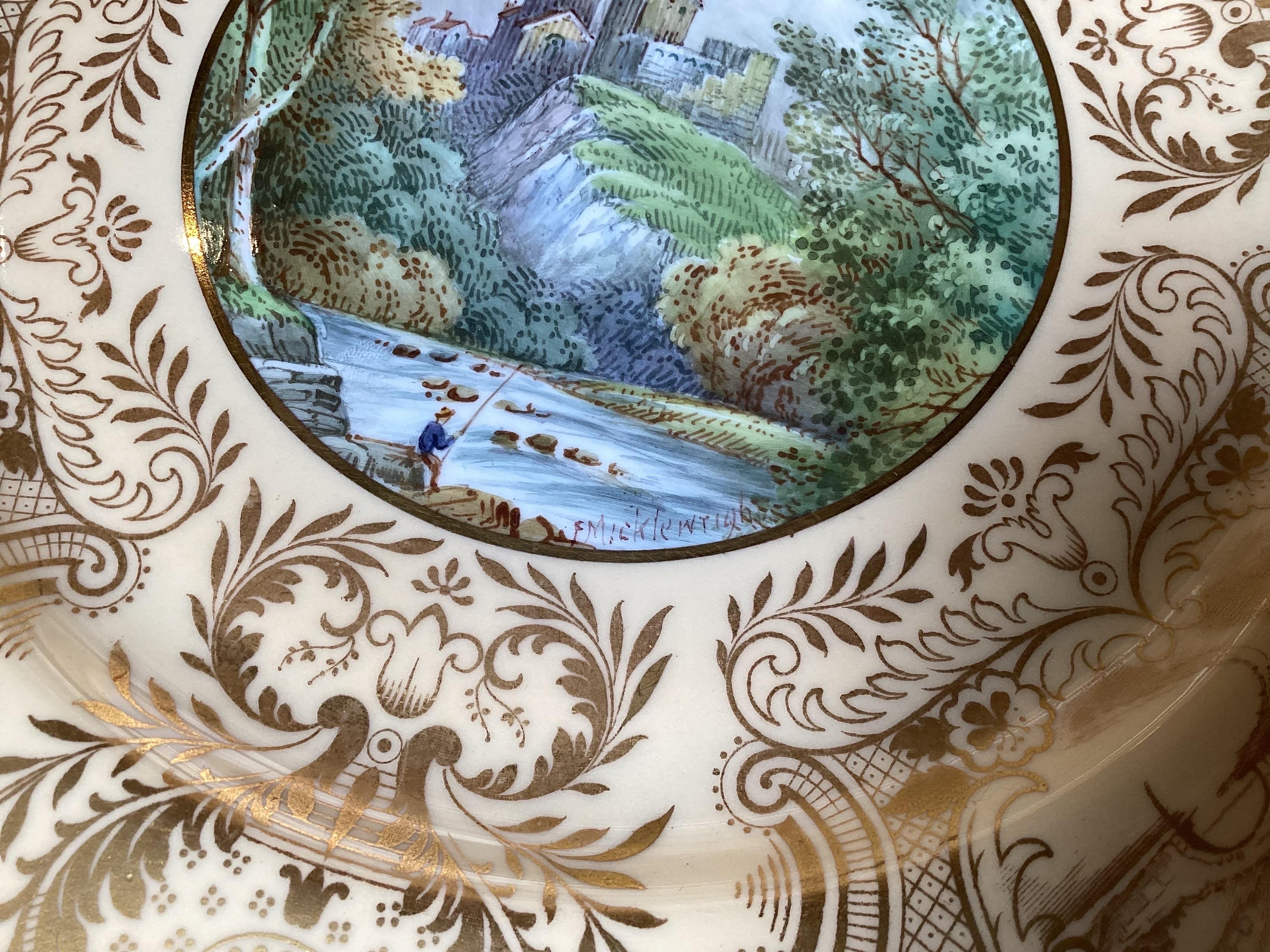 A Set of 12 English cabinet plates by Cauldon, retailed by Davis Collamore NYC. All different scenes of English buildings, castles & churches. All in excellent condition

Signed by F. Micklewright, the painting is detailed and the colors are