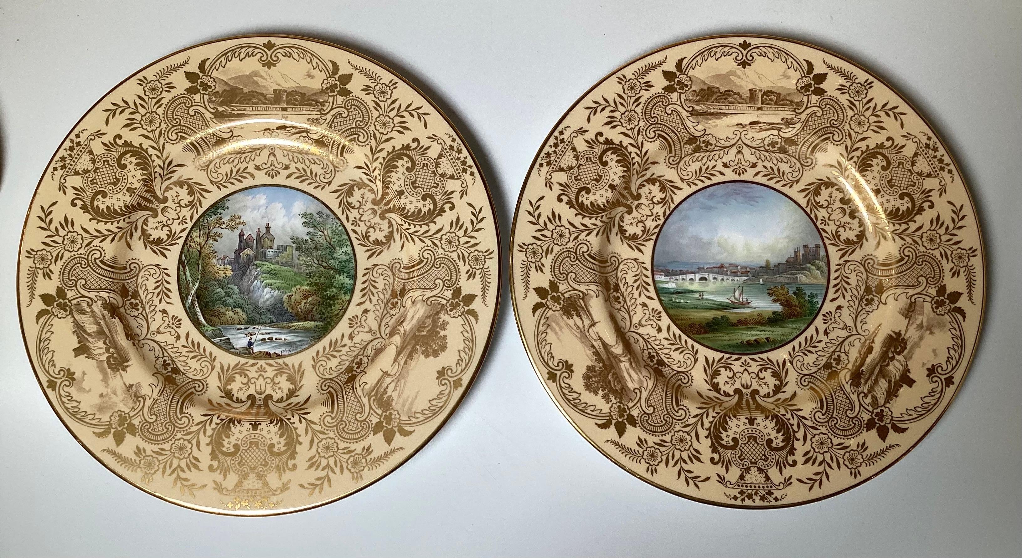 Set of !2 English Hand Painted Cabinet Plates Artist Signed F. Micklewright In Excellent Condition For Sale In Lambertville, NJ