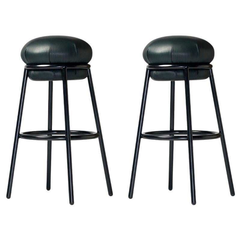 A Set Of 2 Grasso Bar Stool With Black Steel Painted Framed With Green Leather  For Sale
