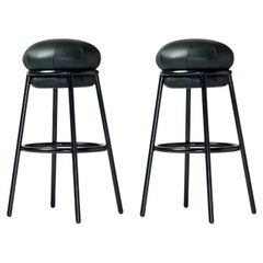 A Set Of 2 Grasso Bar Stool With Black Steel Painted Framed With Green Leather 