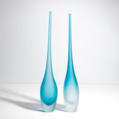 A Set of 2 Hand Blown Murano Flute Vases in Aquamarine