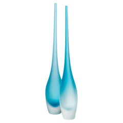 A Set of 2 Hand Blown Murano Flute Vases in Aquamarine