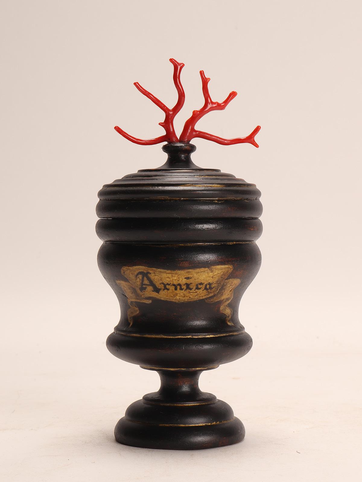 Set di 2 vasi in legno da farmacia per erboristeria, Italia, circa 1850. In condizioni buone in vendita a Milan, IT