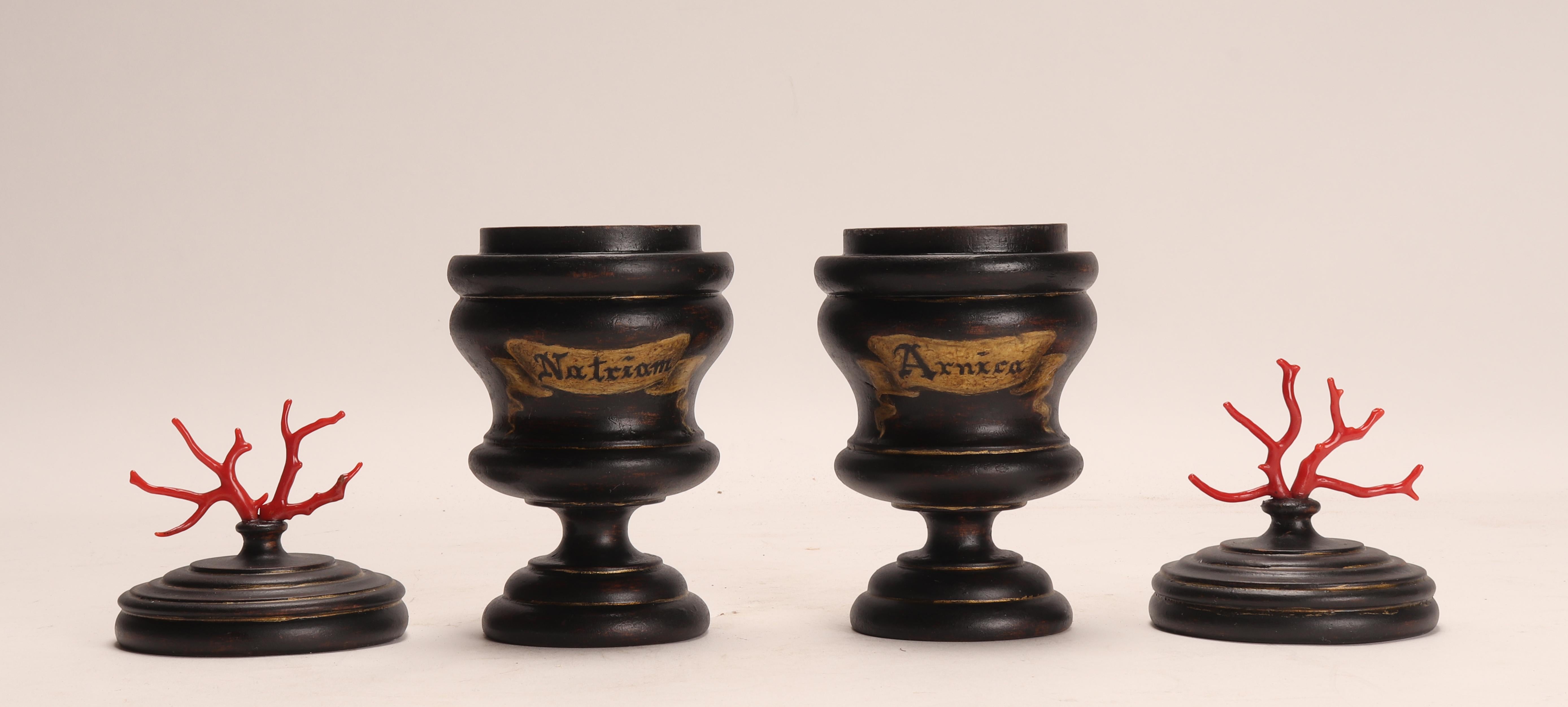 Coral Set of 2 Herbalist Pharmacy Wooden Jars, Italy, circa 1850 For Sale