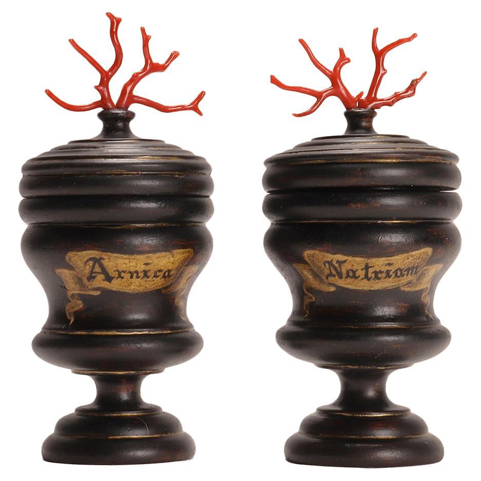 Juego de 2 tarros de madera de farmacia de herboristería, Italia hacia 1850.
