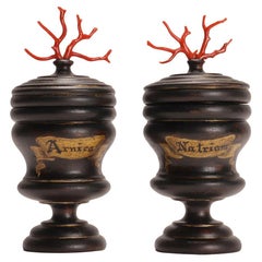 A set of 2 herbalist pharmacy wooden jars, Italy circa 1850.