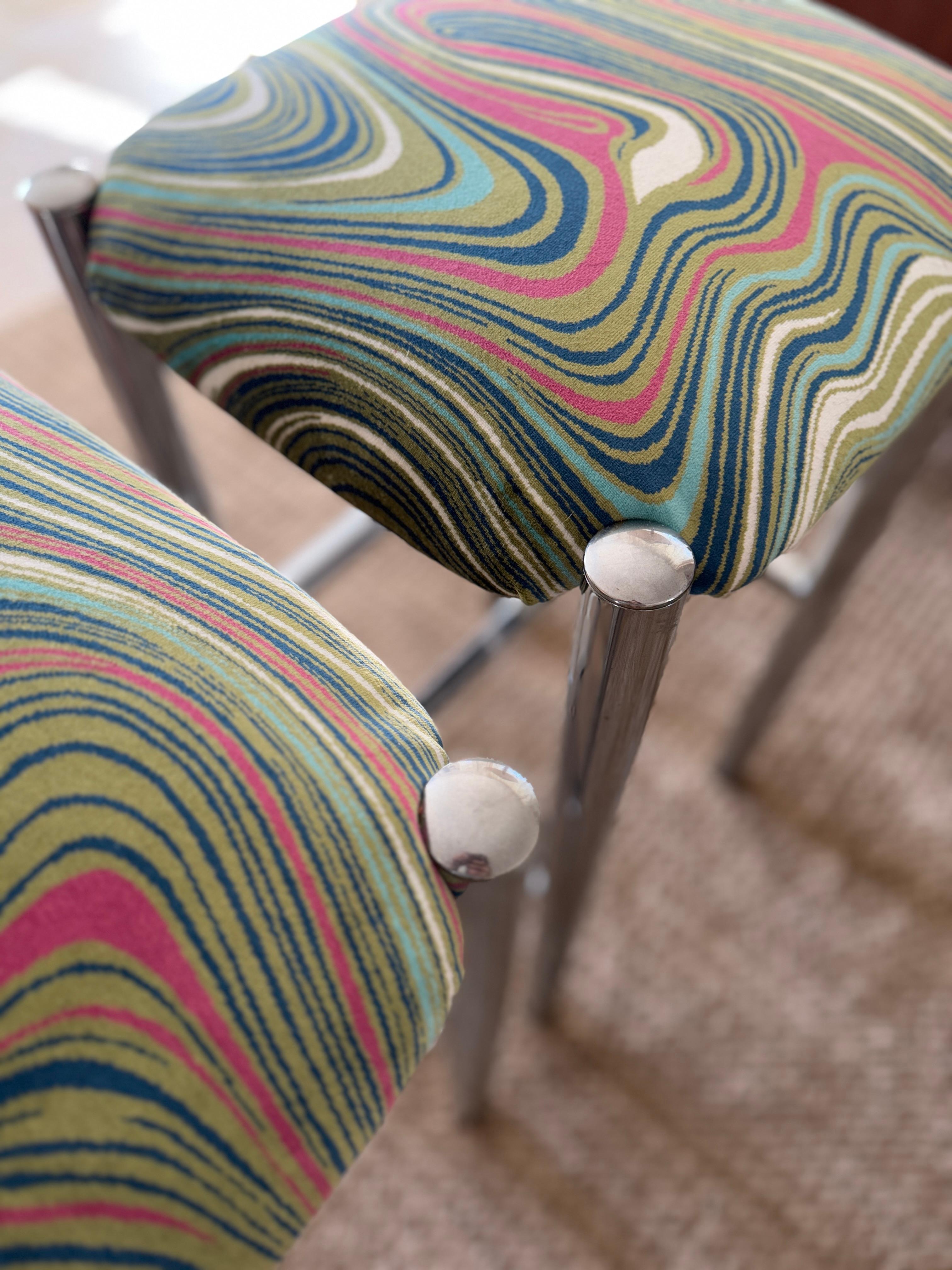 A set of 2 sleek Cal-Style chrome stools reupholstered in a groovy velvet 3