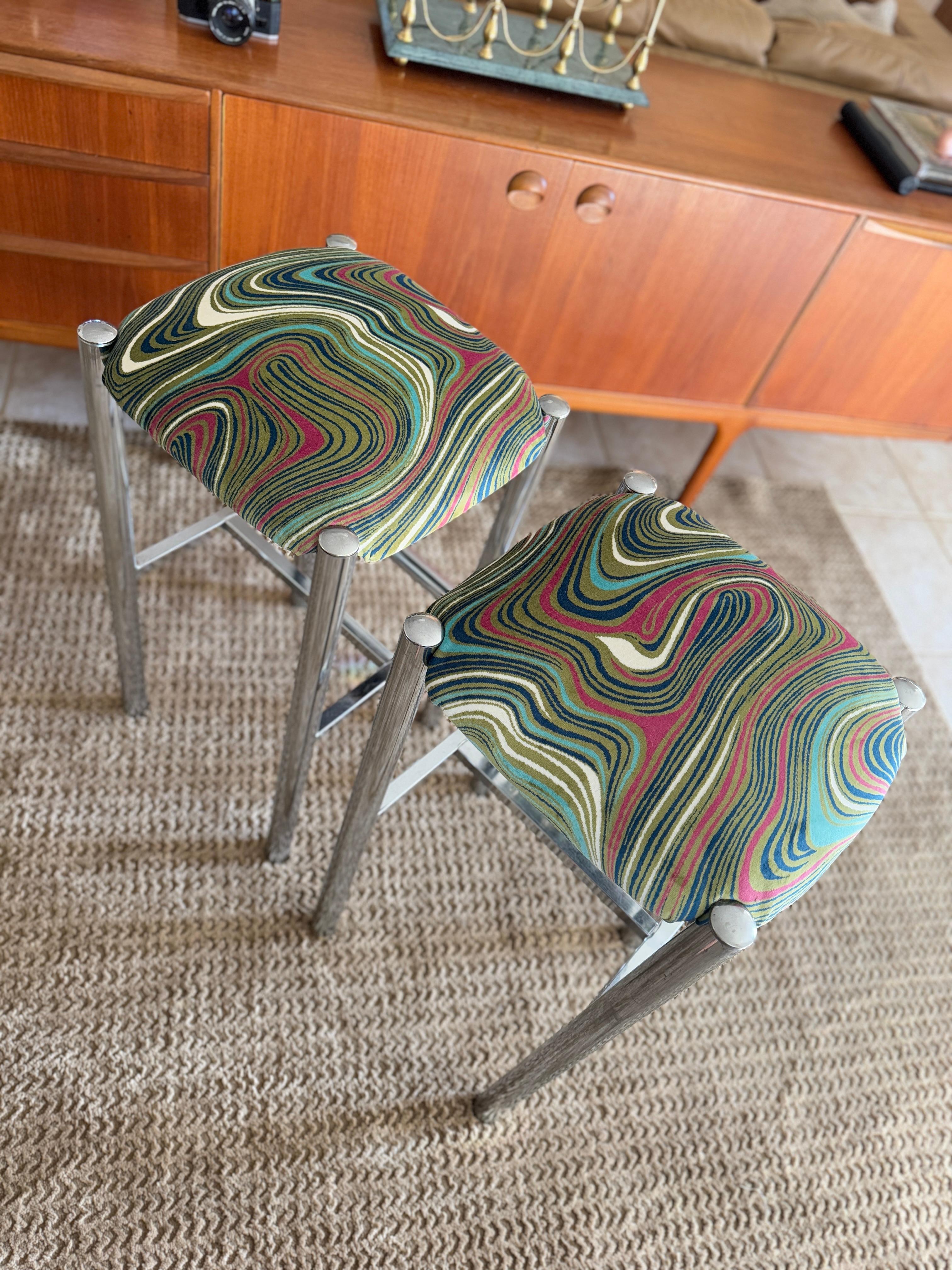 A set of 2 sleek Cal-Style chrome stools reupholstered in a groovy velvet 4