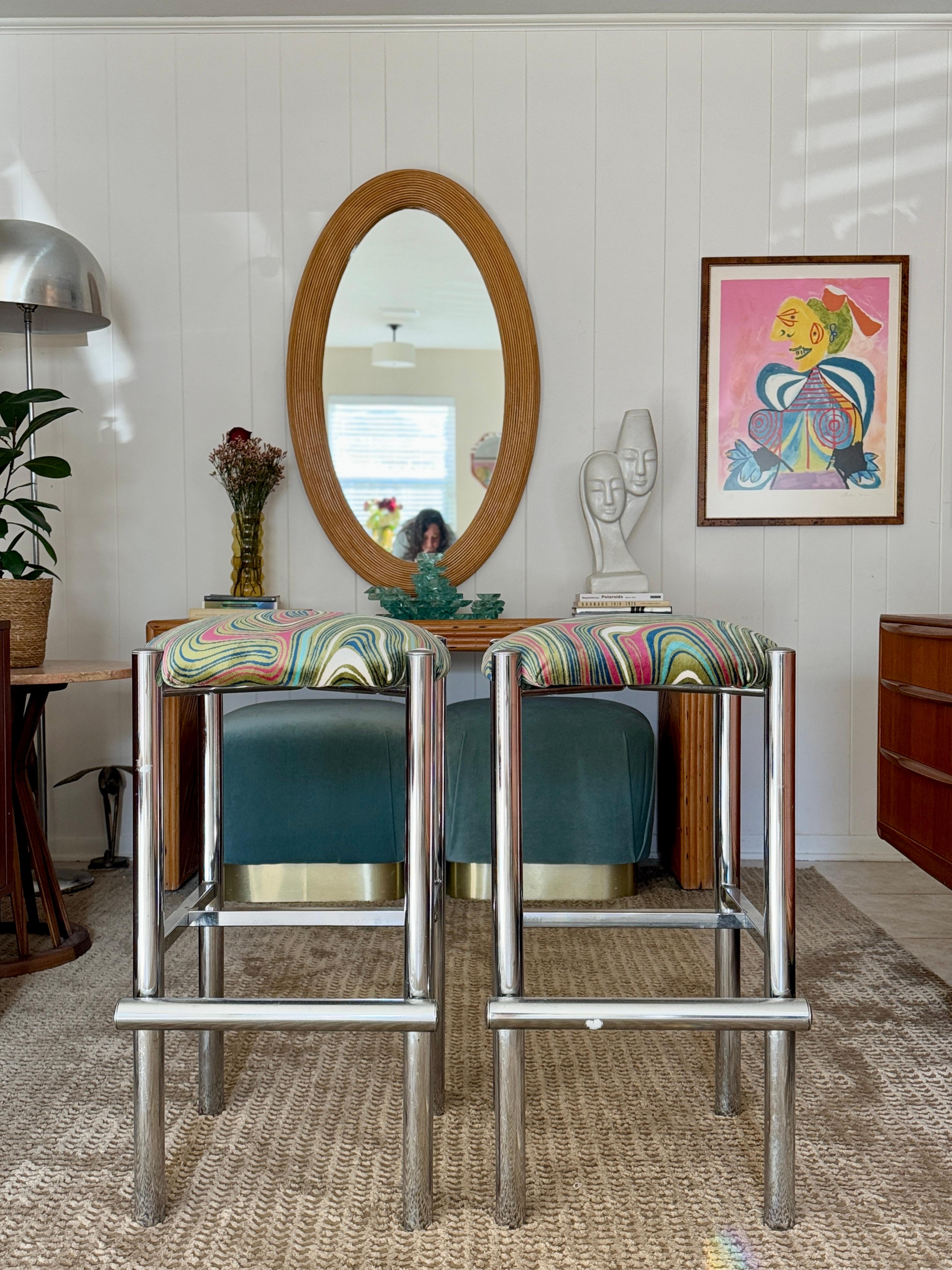 A set of 2 sleek Cal-Style chrome stools reupholstered in a groovy velvet 5