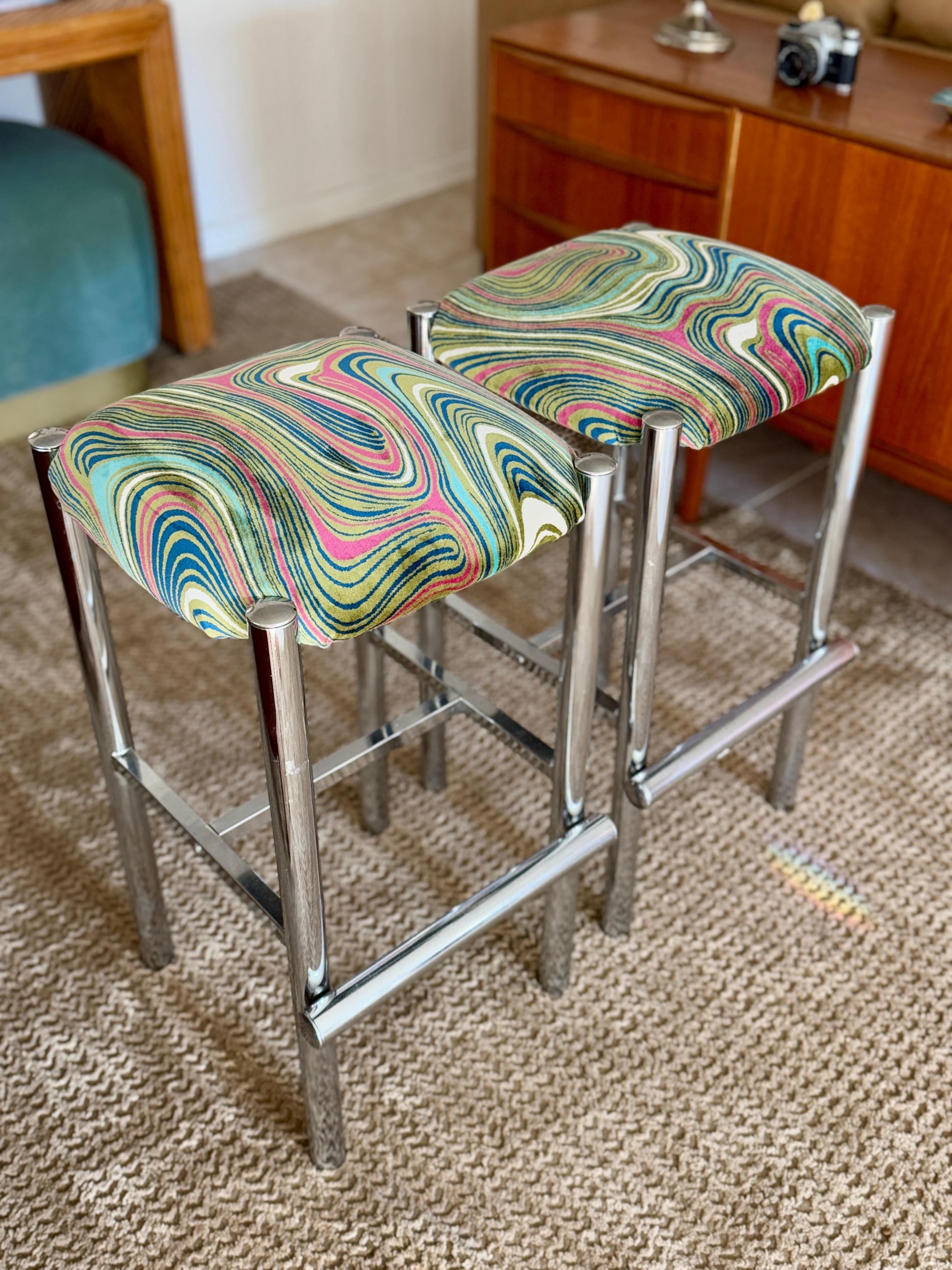 A set of 2 sleek Cal-Style chrome stools reupholstered in a groovy velvet 6