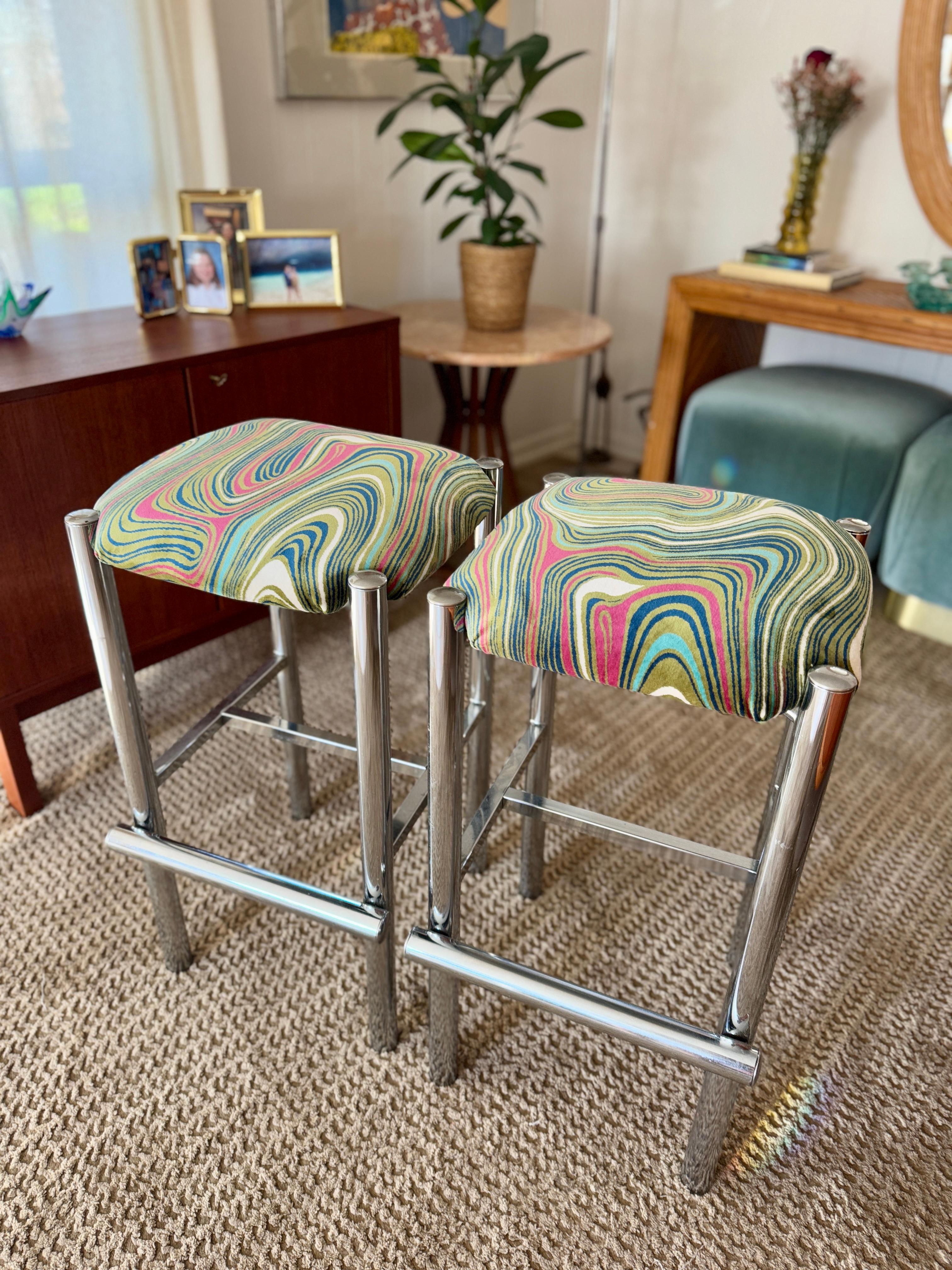 Mid-Century Modern A set of 2 sleek Cal-Style chrome stools reupholstered in a groovy velvet