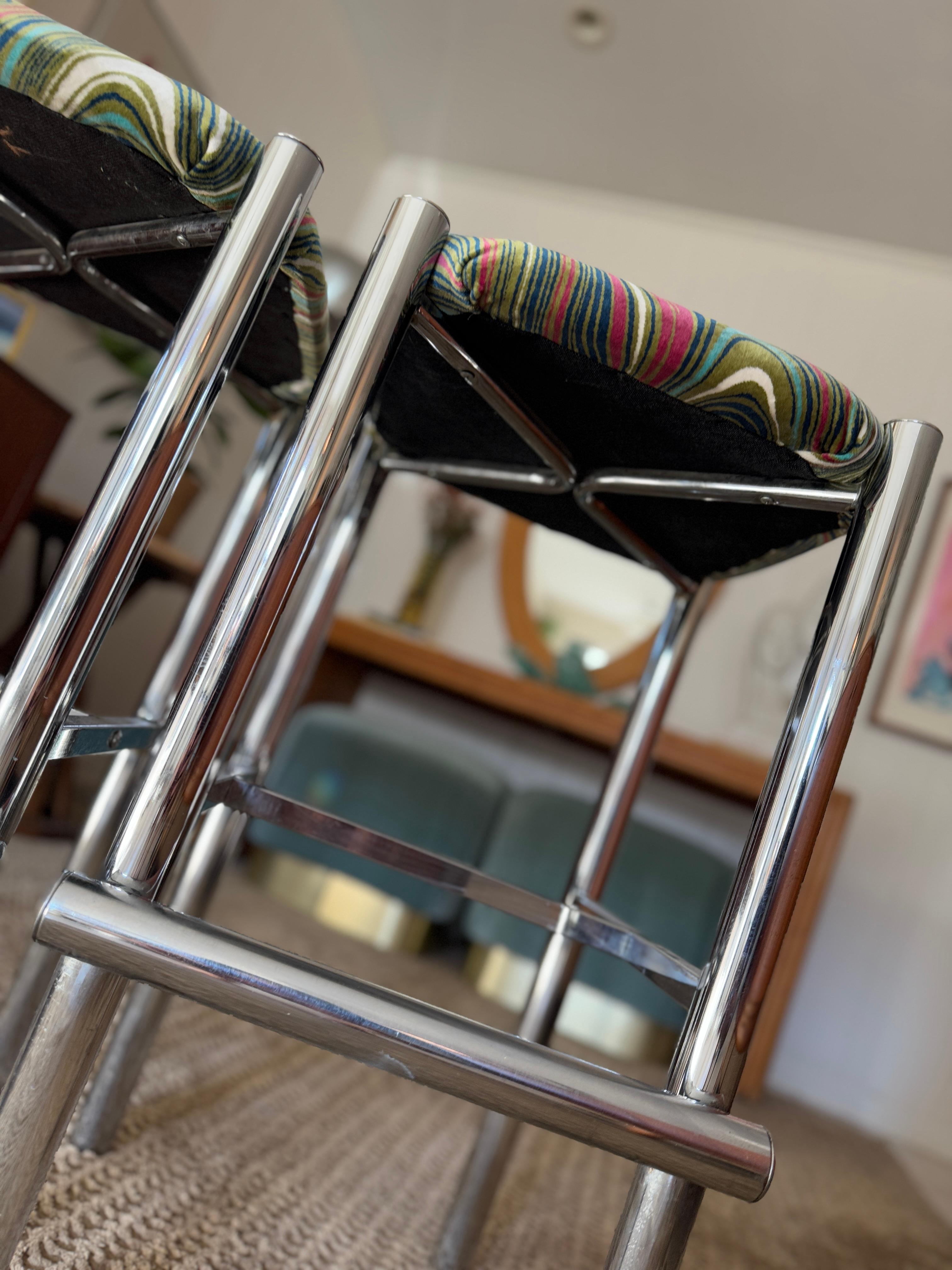 Late 20th Century A set of 2 sleek Cal-Style chrome stools reupholstered in a groovy velvet
