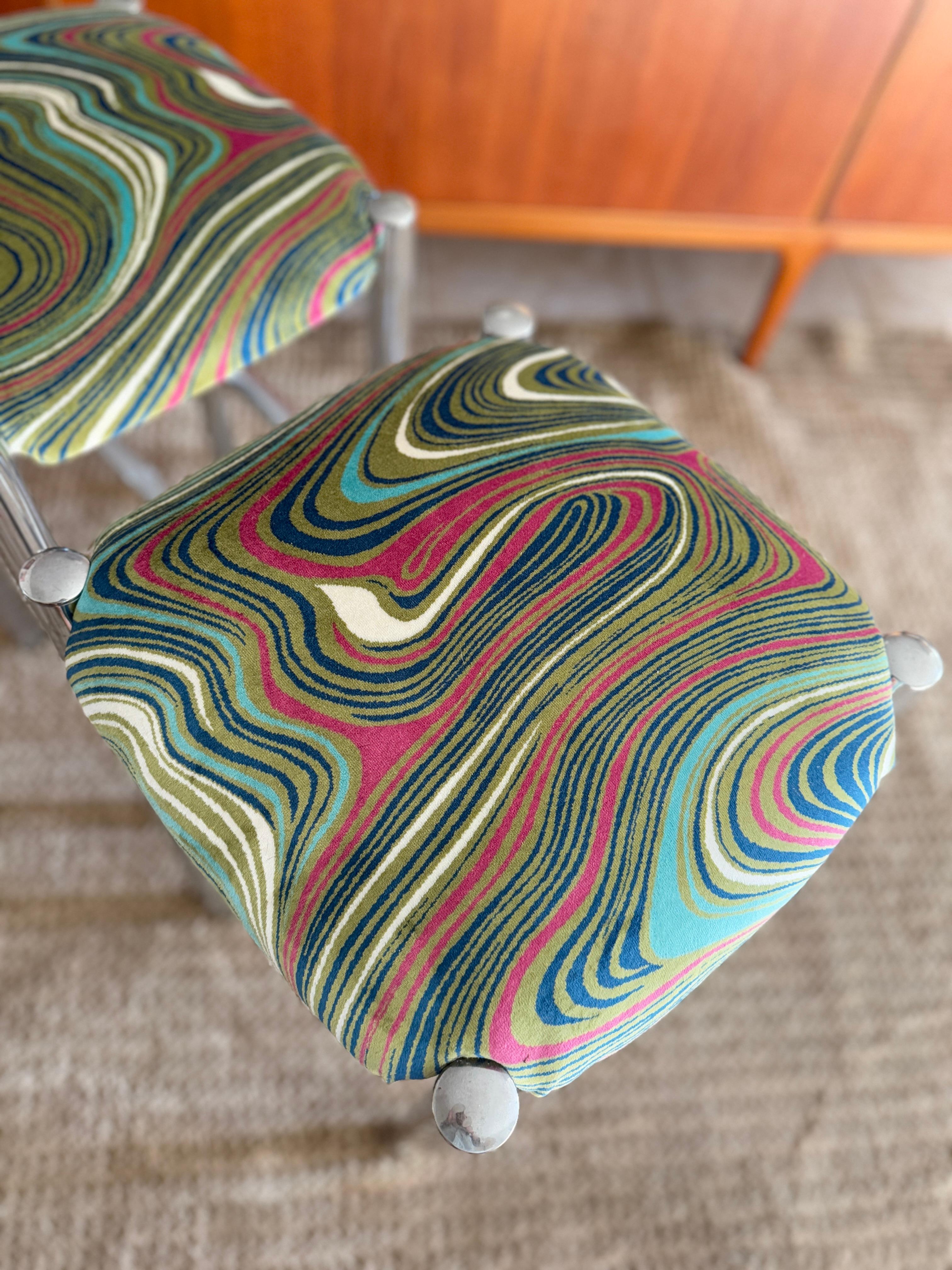 A set of 2 sleek Cal-Style chrome stools reupholstered in a groovy velvet 1