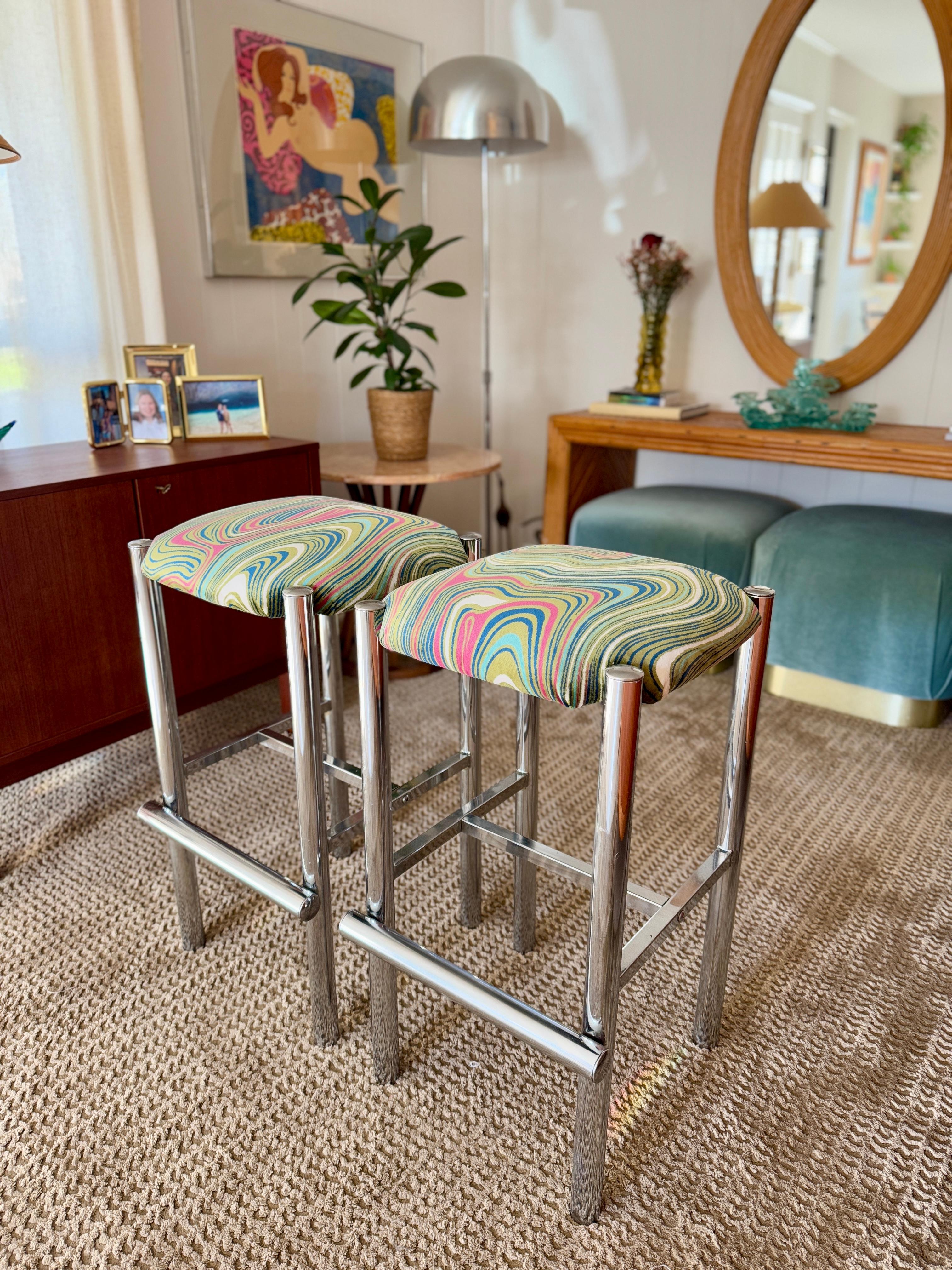 A set of 2 sleek Cal-Style chrome stools reupholstered in a groovy velvet 2