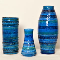 Set of 3 Aldo Londi for Bitossi Rimini Blue Glazed Ceramic Vases