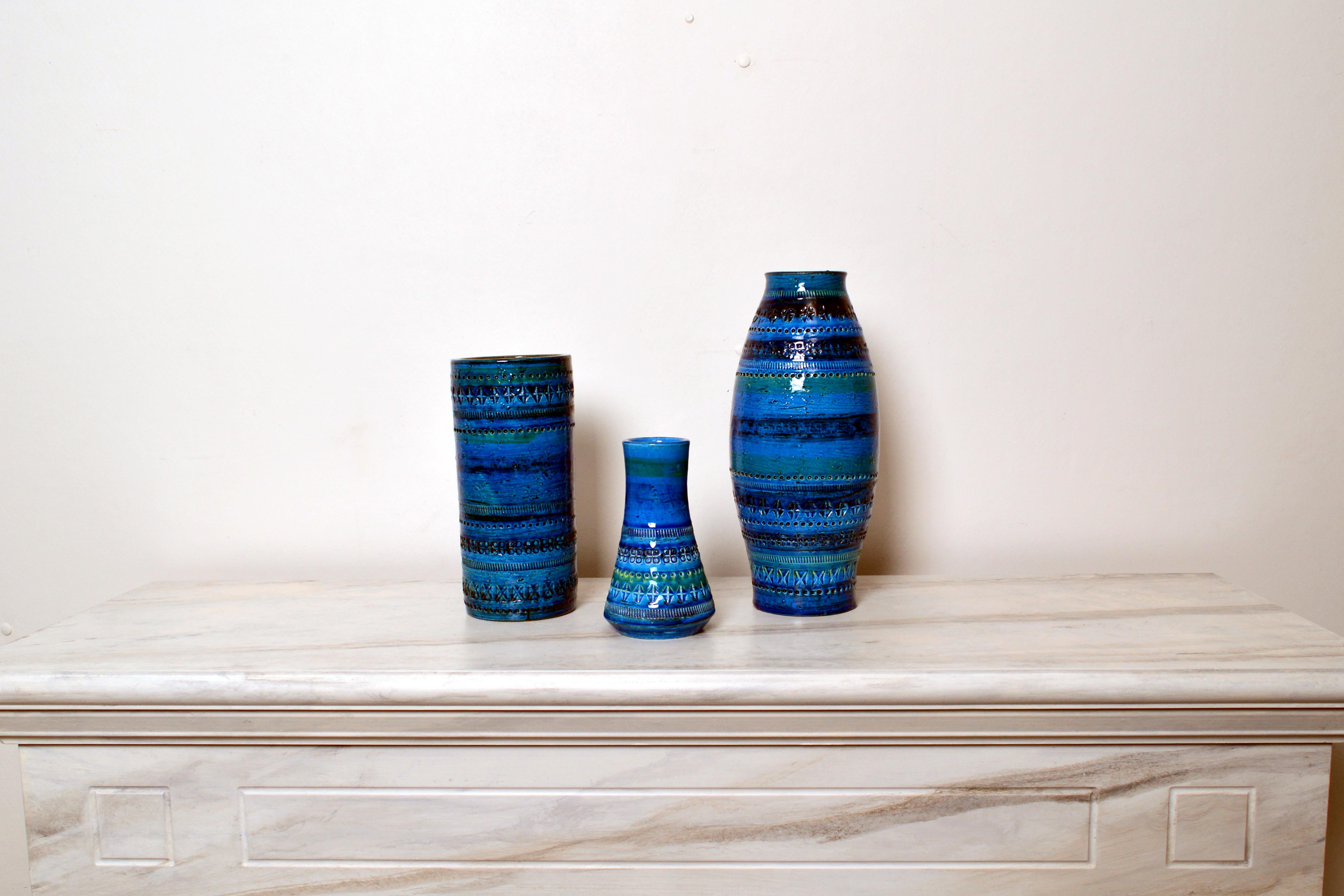 Mid-Century Modern Set of 3 Aldo Londi for Bitossi Rimini Blue Glazed Ceramic Vases