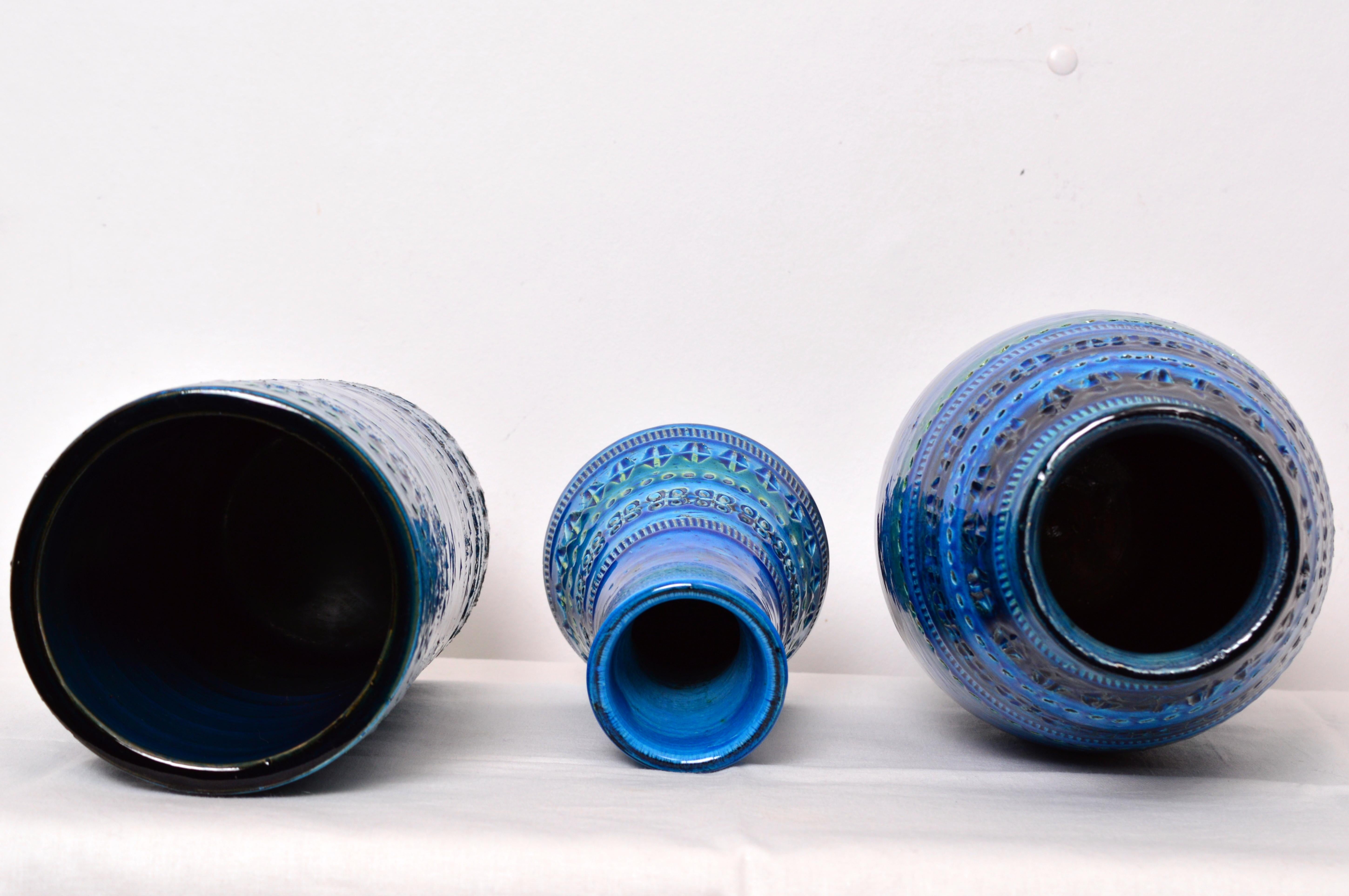 Italian Set of 3 Aldo Londi for Bitossi Rimini Blue Glazed Ceramic Vases
