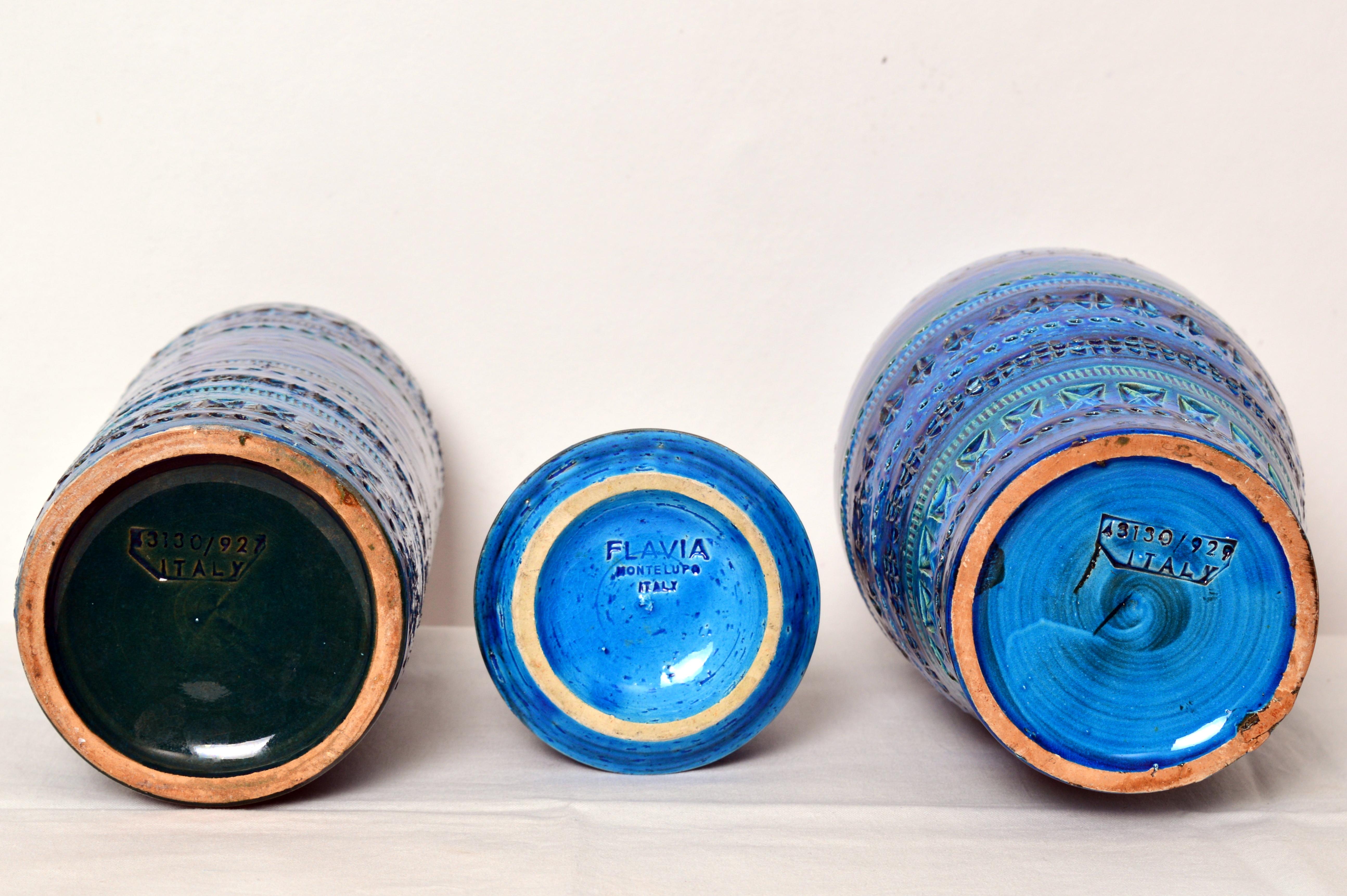 Hand-Crafted Set of 3 Aldo Londi for Bitossi Rimini Blue Glazed Ceramic Vases