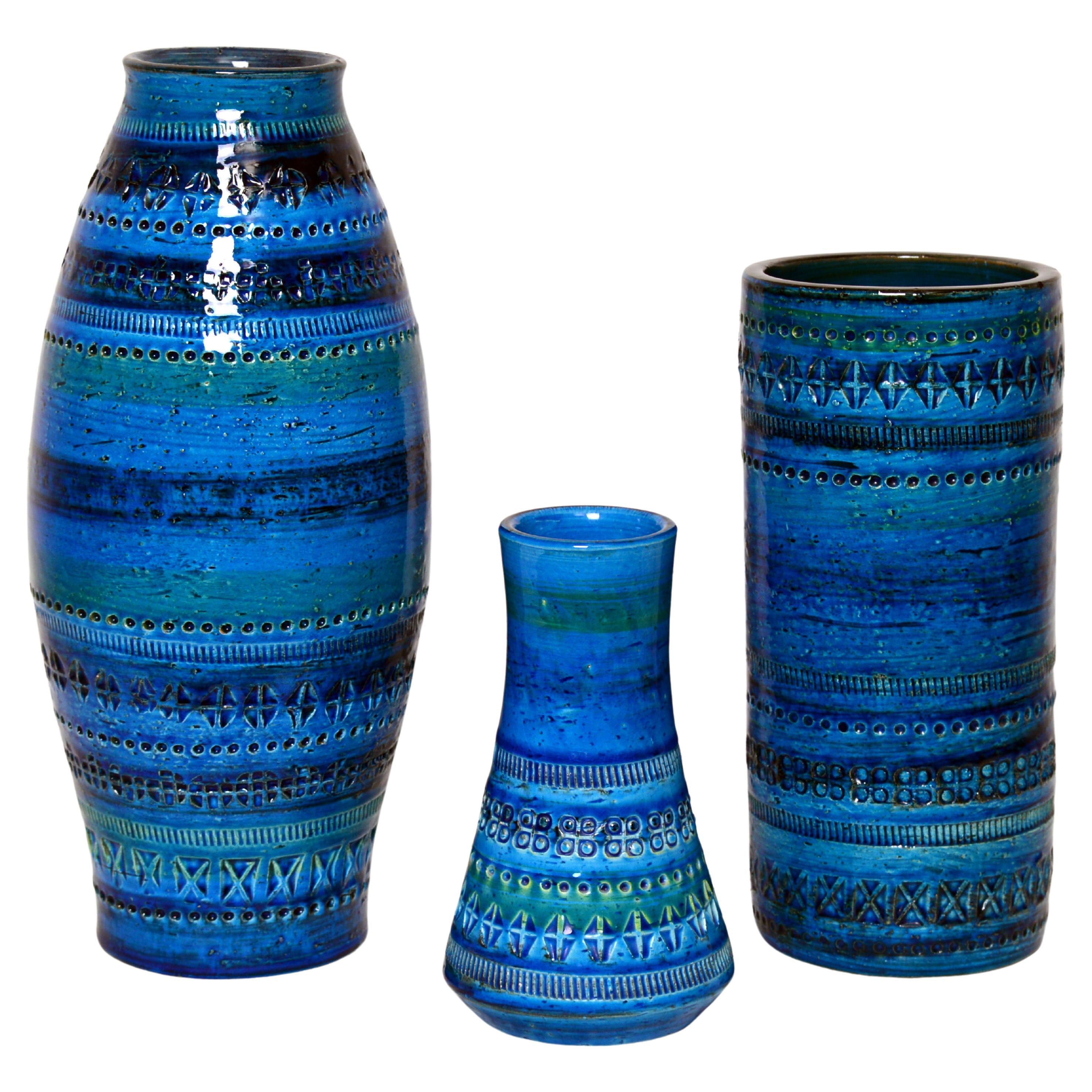 Set of 3 Aldo Londi for Bitossi Rimini Blue Glazed Ceramic Vases