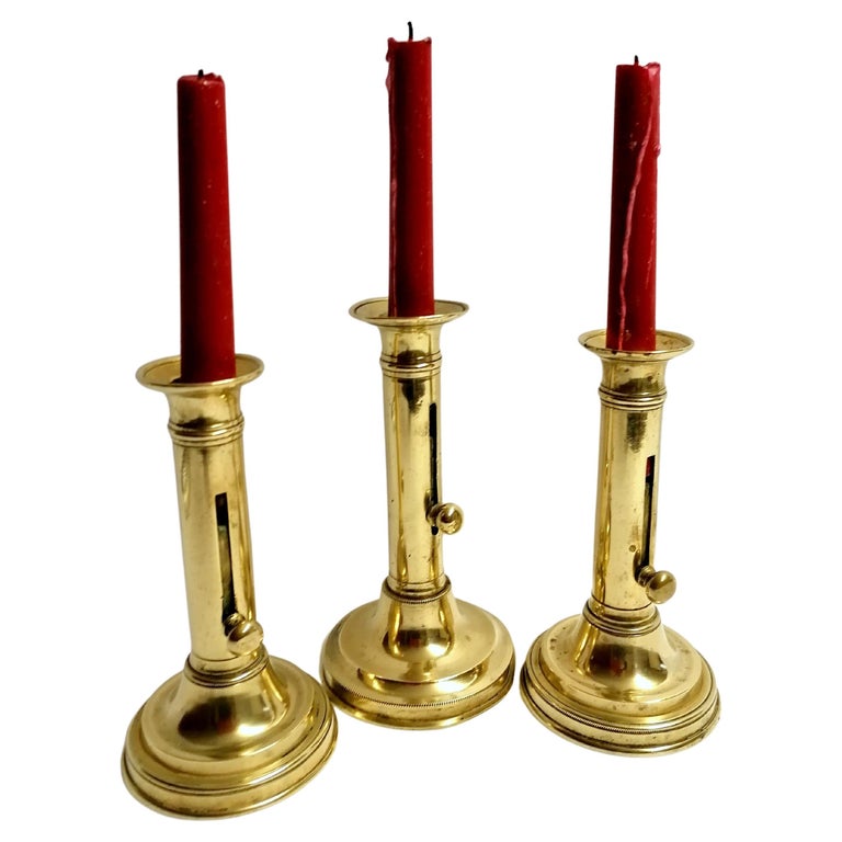Set of 3 Antique French Solid Brass Candle Holder Candlestick Push Up For  Sale at 1stDibs
