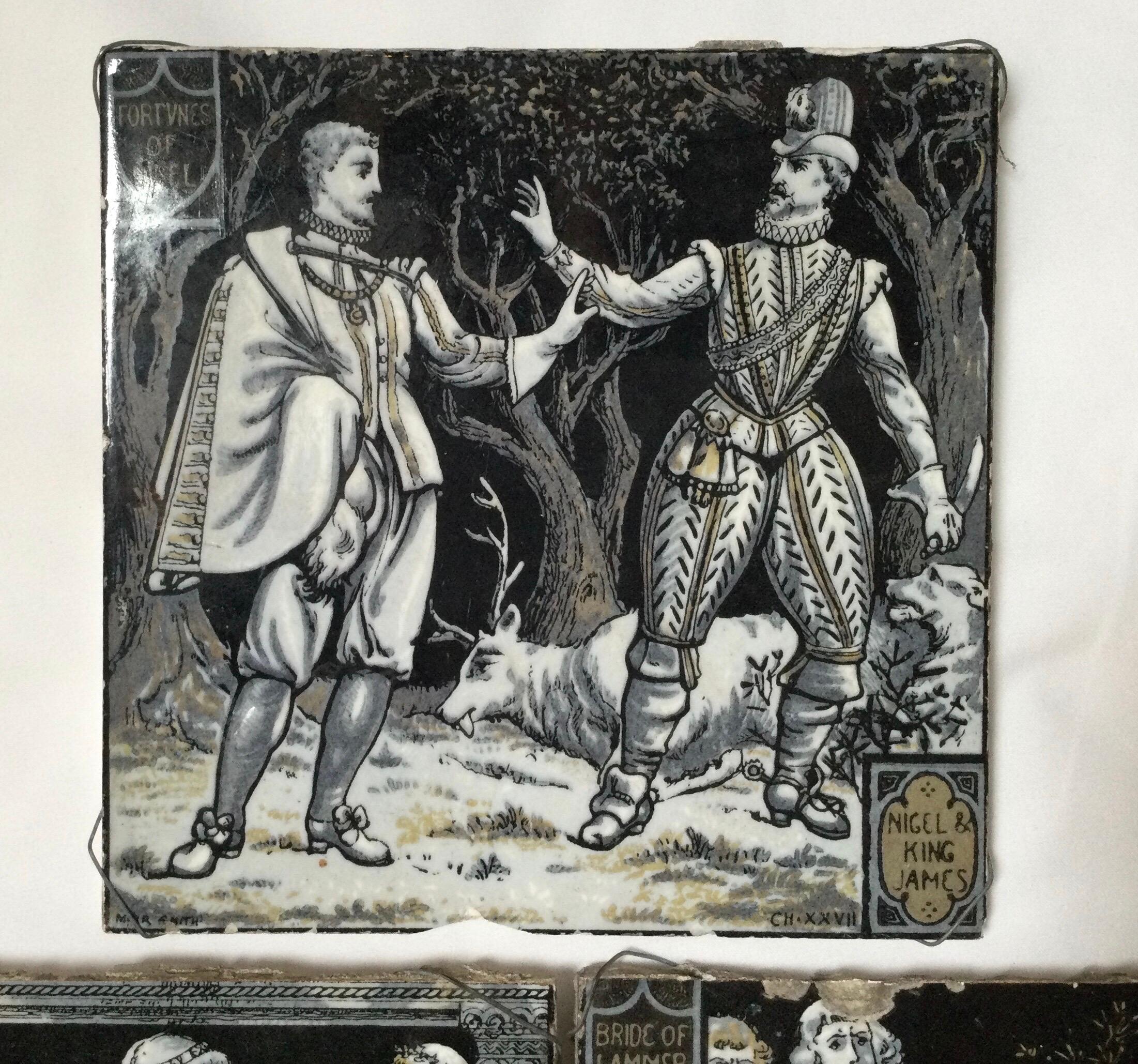 A set of three hand painted Minton English tiles designed by John Moyr Smith based on Waverly novels by Sir Walter Scott, Quentin Durward, Fortunes of NIgel and Bride of Lammermoor, circa 1877. Each Tile is 6 inches square.