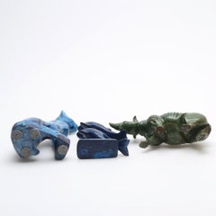 A Set Of 3 Antique Sculpture Decorative Stone Figurine of Cat Rhinoceros Dolphin
